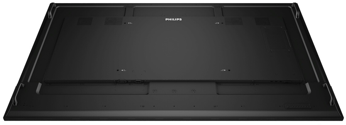Rückansicht eines großen, schwarzen Philips-Fernsehers. Sie zeigt die Rückseite mit Anschlüssen und Befestigungspunkten.