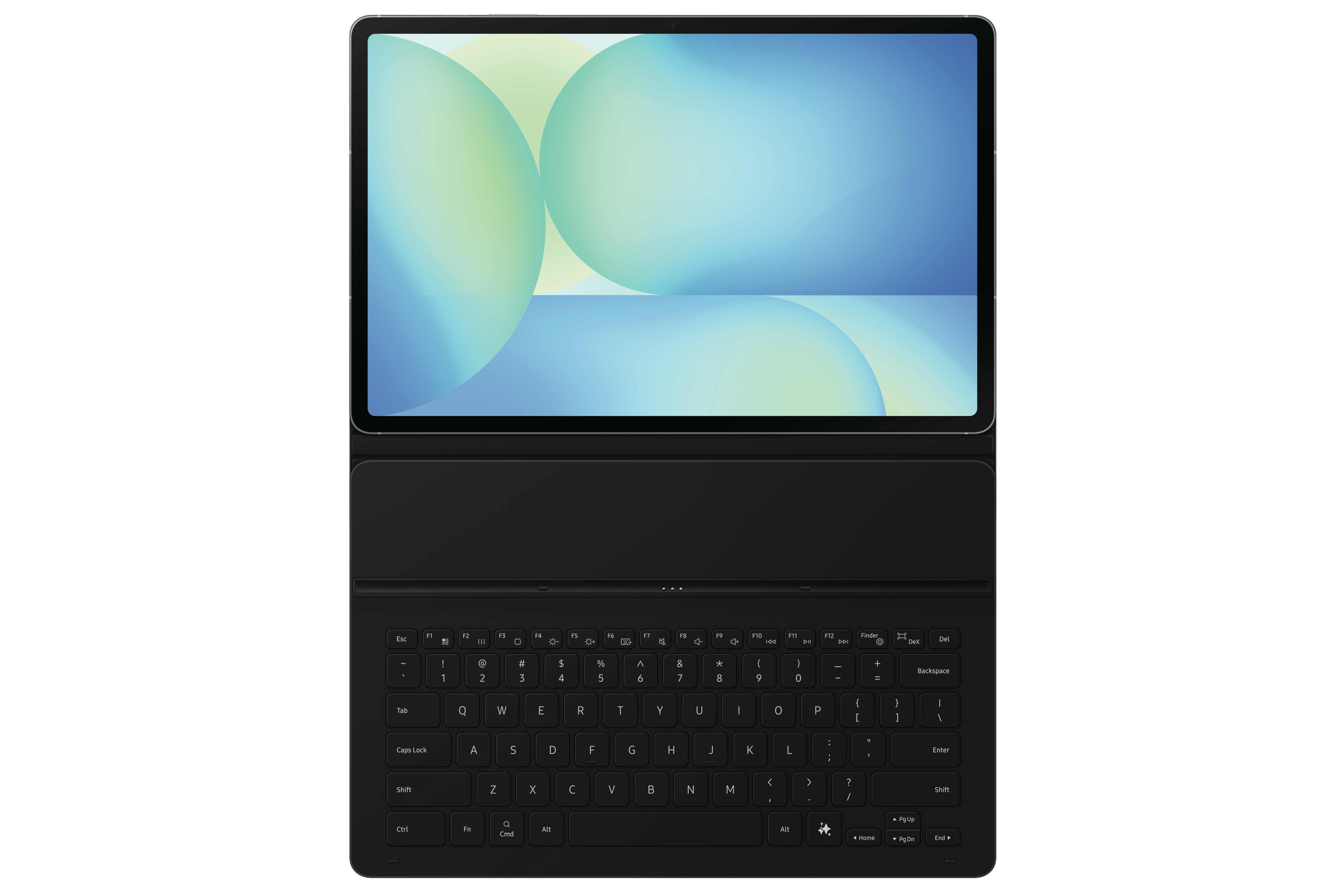 Schwarzes Tablet mit Tastaturhülle. Der Bildschirm zeigt einen bunten Hintergrund.