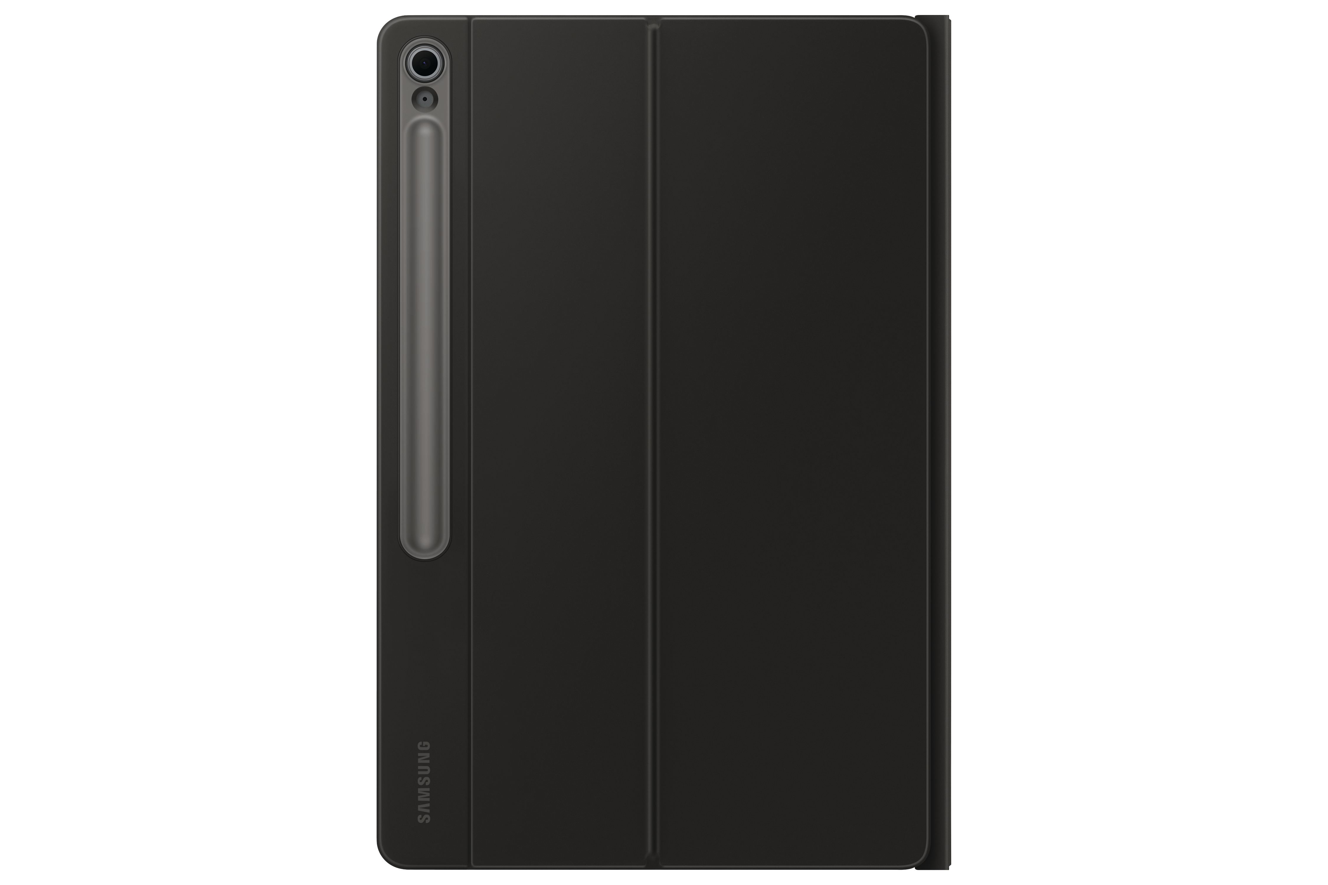 Schwarze Tablethülle mit Stifthalter und Stift. Die Hülle ist geschlossen und zeigt eine glatte Oberfläche.