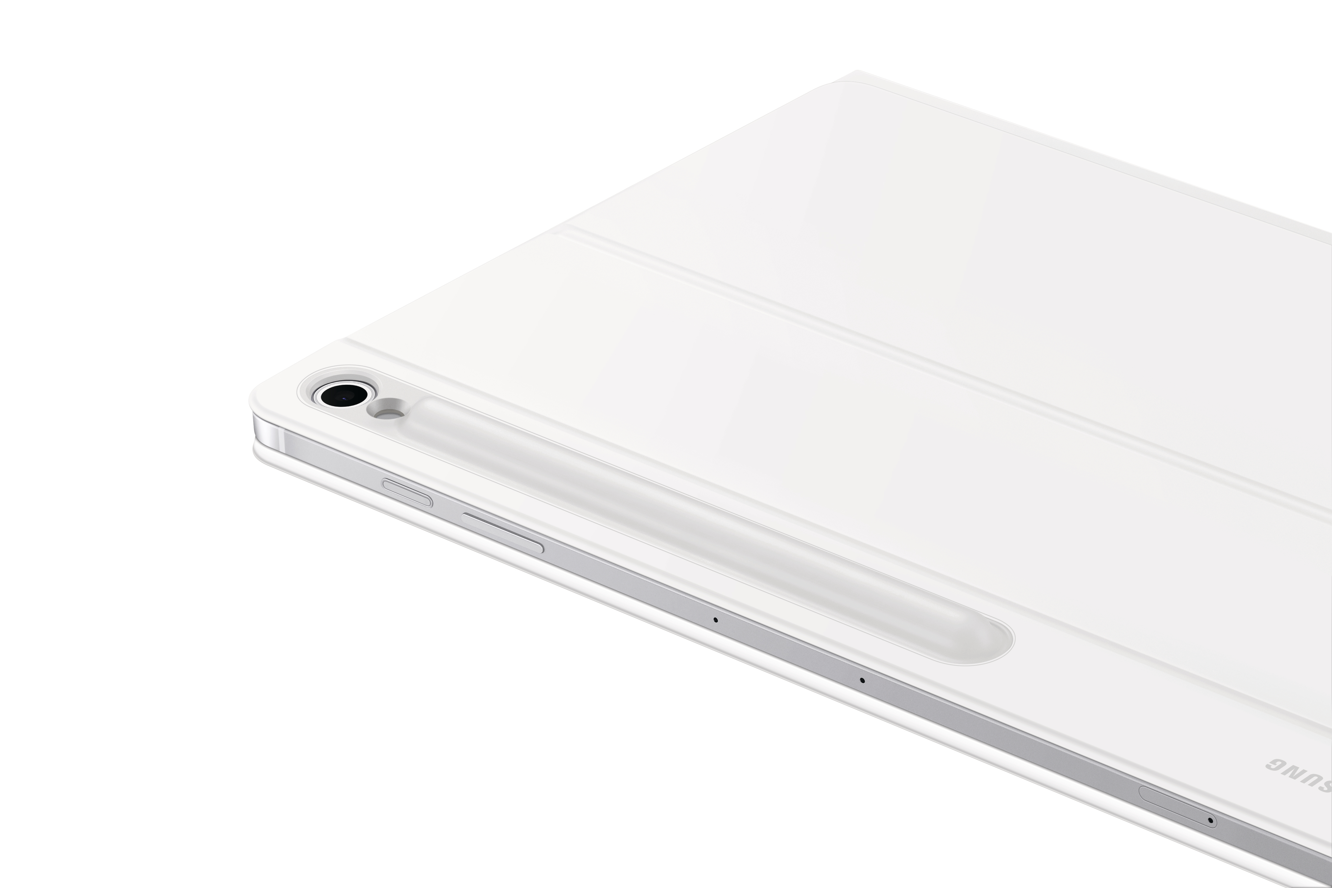 Weißes Tablet mit Stifthalter. Nahaufnahme, auf weißer Oberfläche.