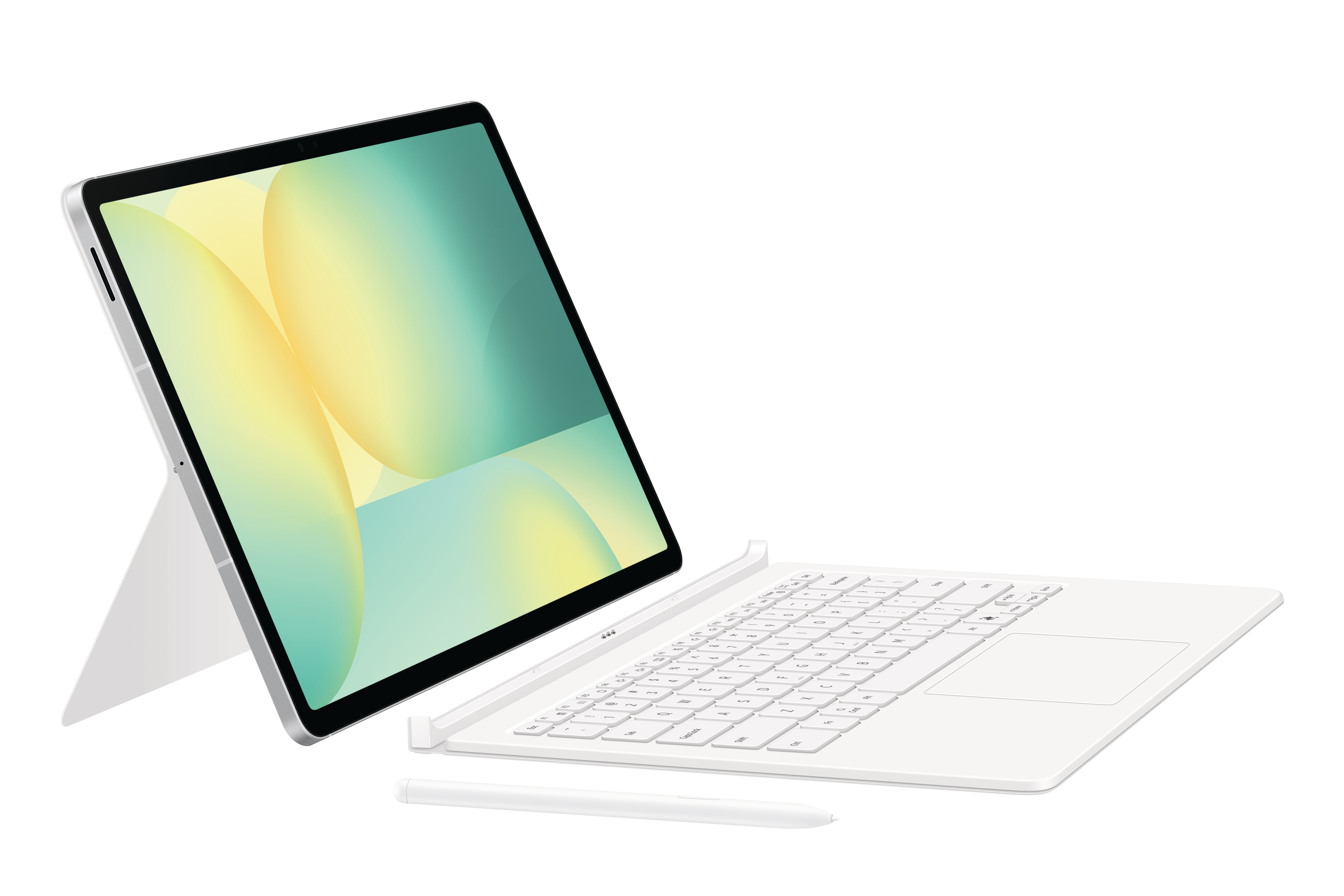 Tablet mit Tastatur und Stift. Der Tablet-Bildschirm zeigt abstrakte Formen. Weißer Hintergrund.