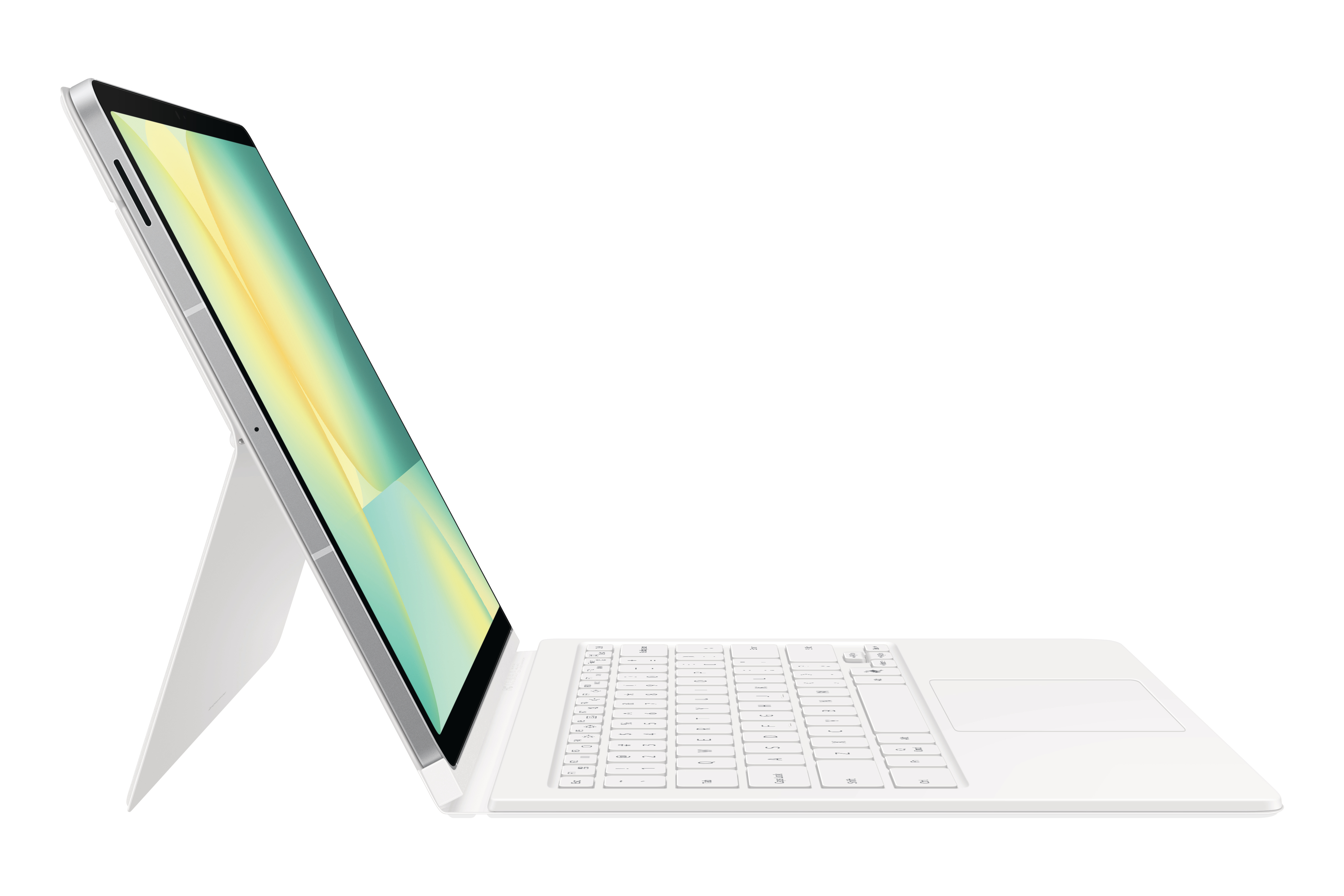 Ein weißes Tablet mit angeschlossener Tastatur, aufgestellt. Der Bildschirm zeigt einen gelb-grünen Farbverlauf.