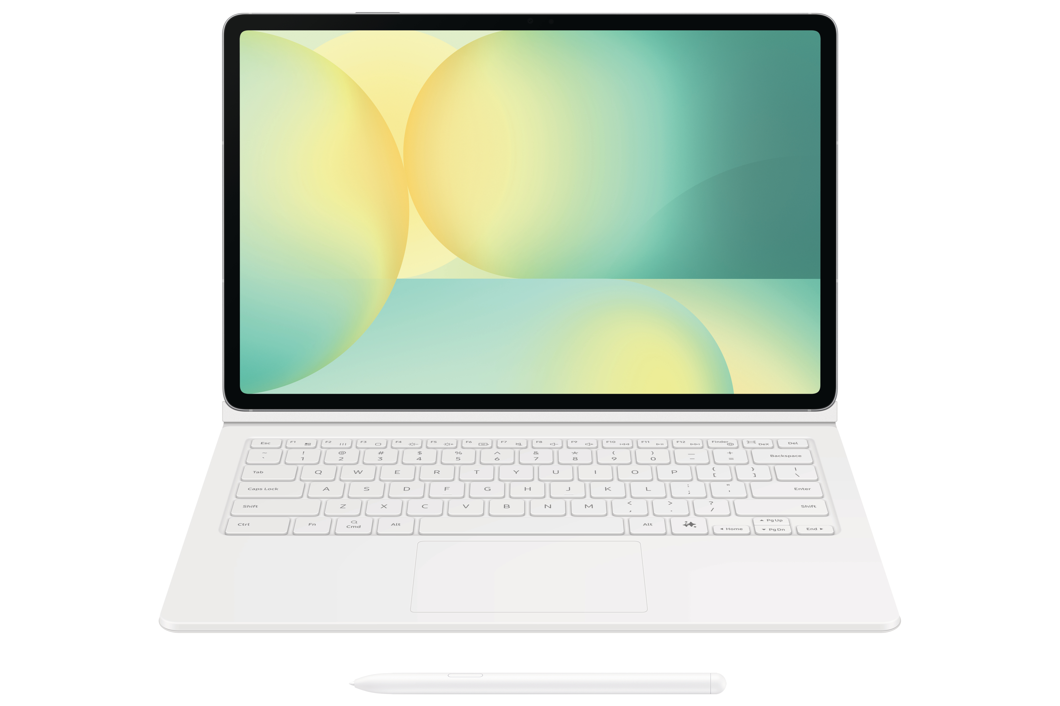 Weißer Laptop mit Stift auf weißem Hintergrund, Vorderansicht.