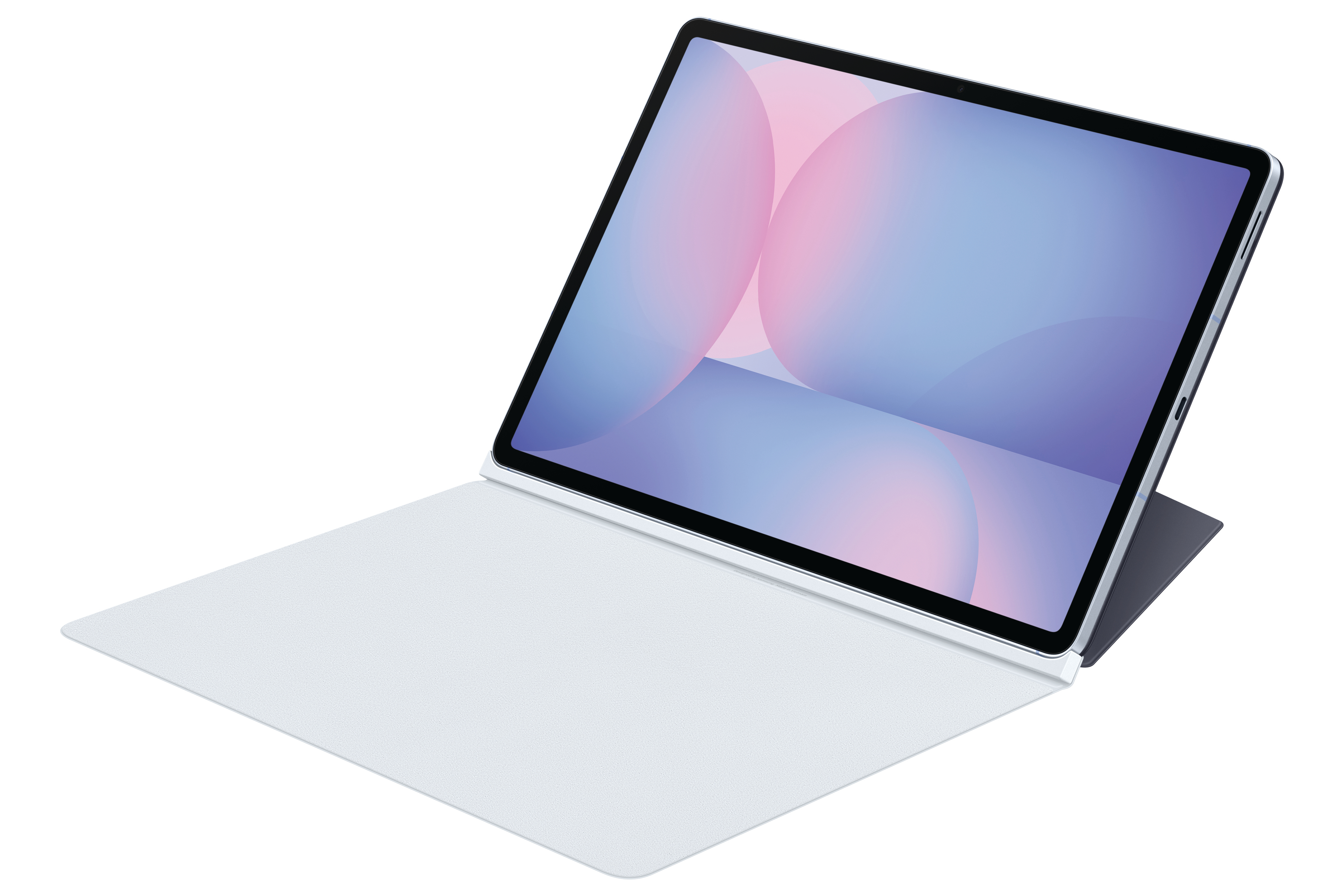 Tablet mit hellblauer Hülle und pink-blauem Bildschirm, weißer Hintergrund.