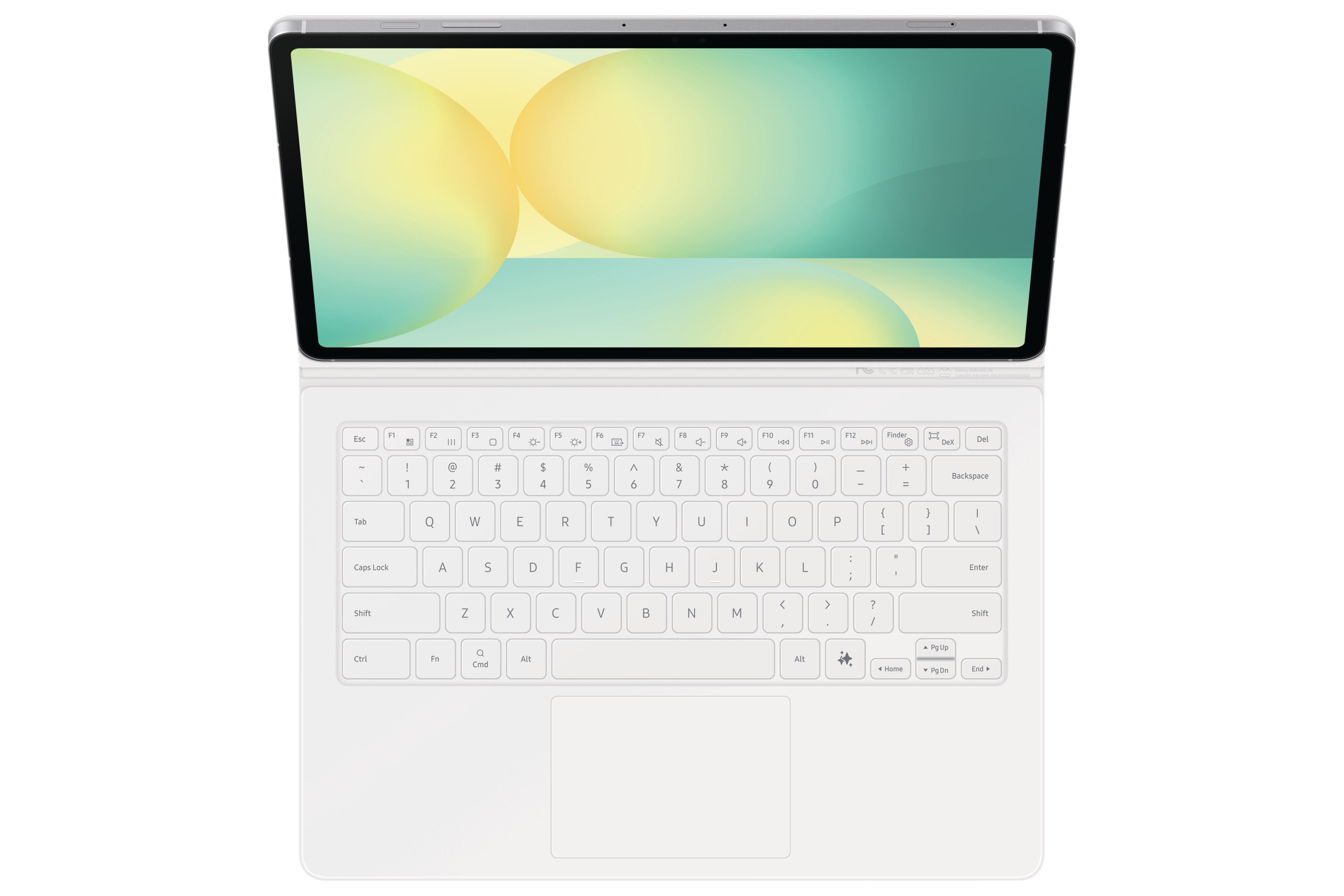 Tablet mit weißer Tastatur, Bildschirm zeigt abstraktes Design, flach auf weißer Oberfläche.