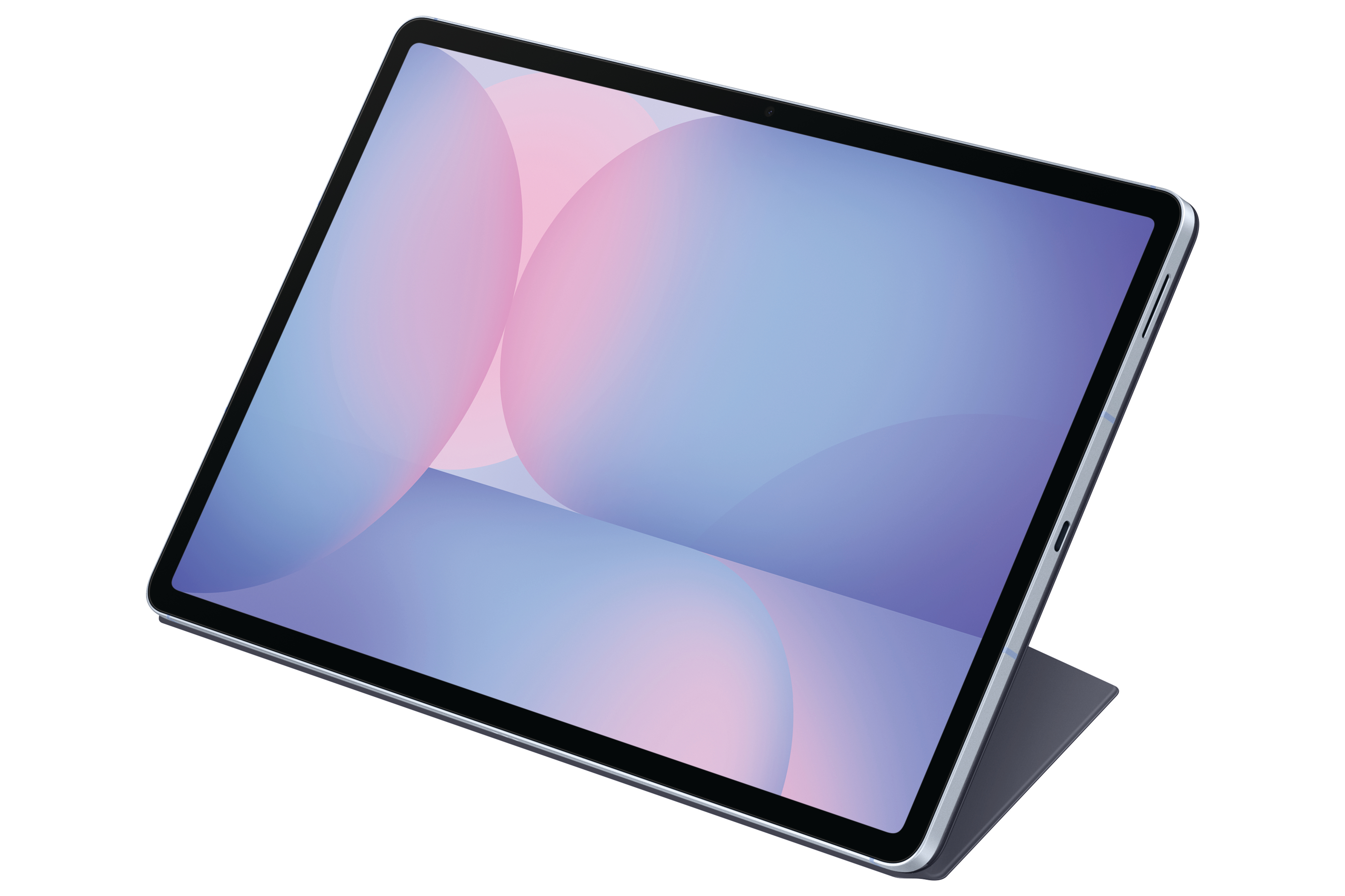 Tablet mit einem rosa-blauen Farbverlauf-Bildschirm auf einer dunkelgrauen Hülle. Der Hintergrund ist weiß.