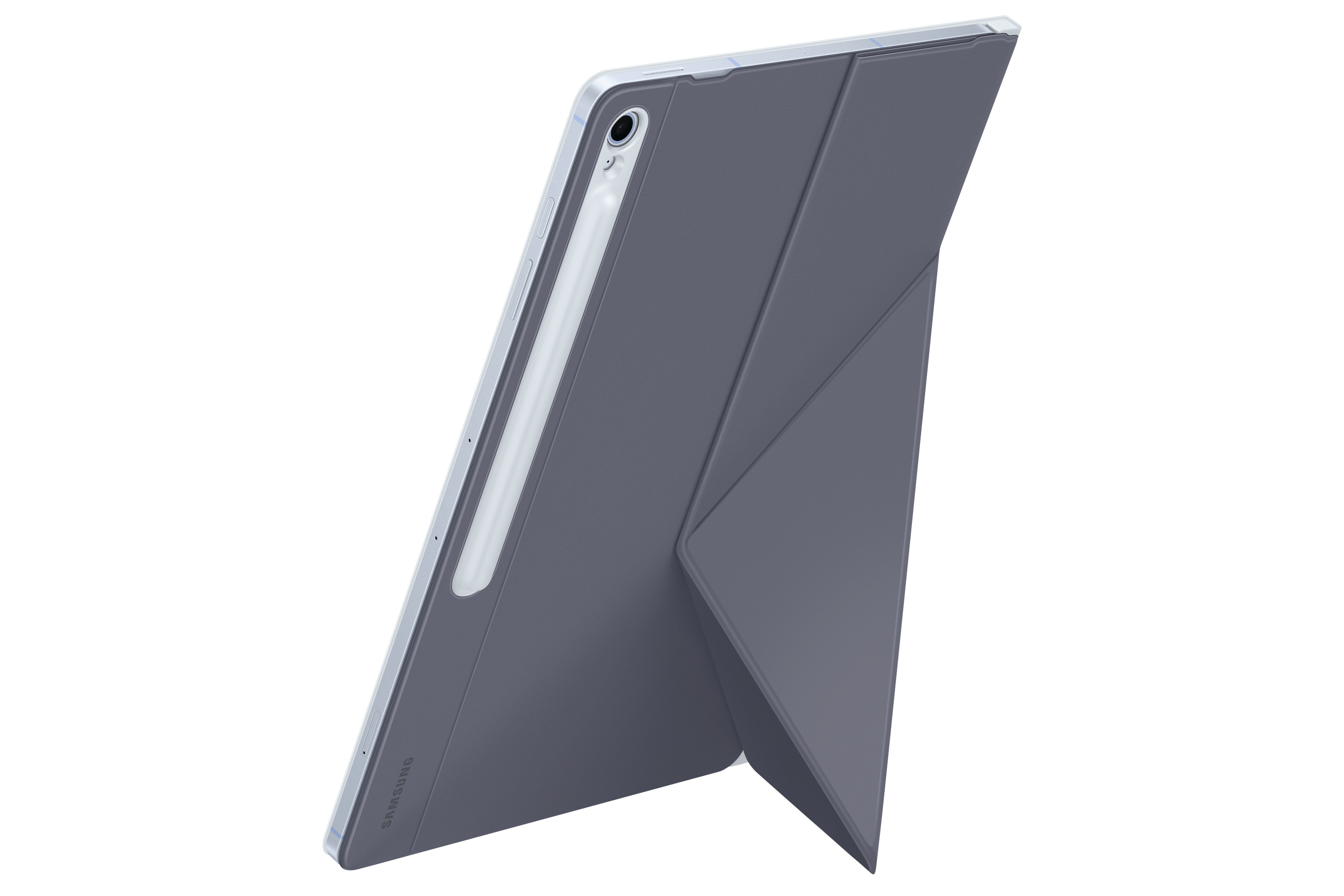 Tablet mit Ständer. Stift ist an der Seite. Das Tablet ist grau mit weißem Hintergrund.