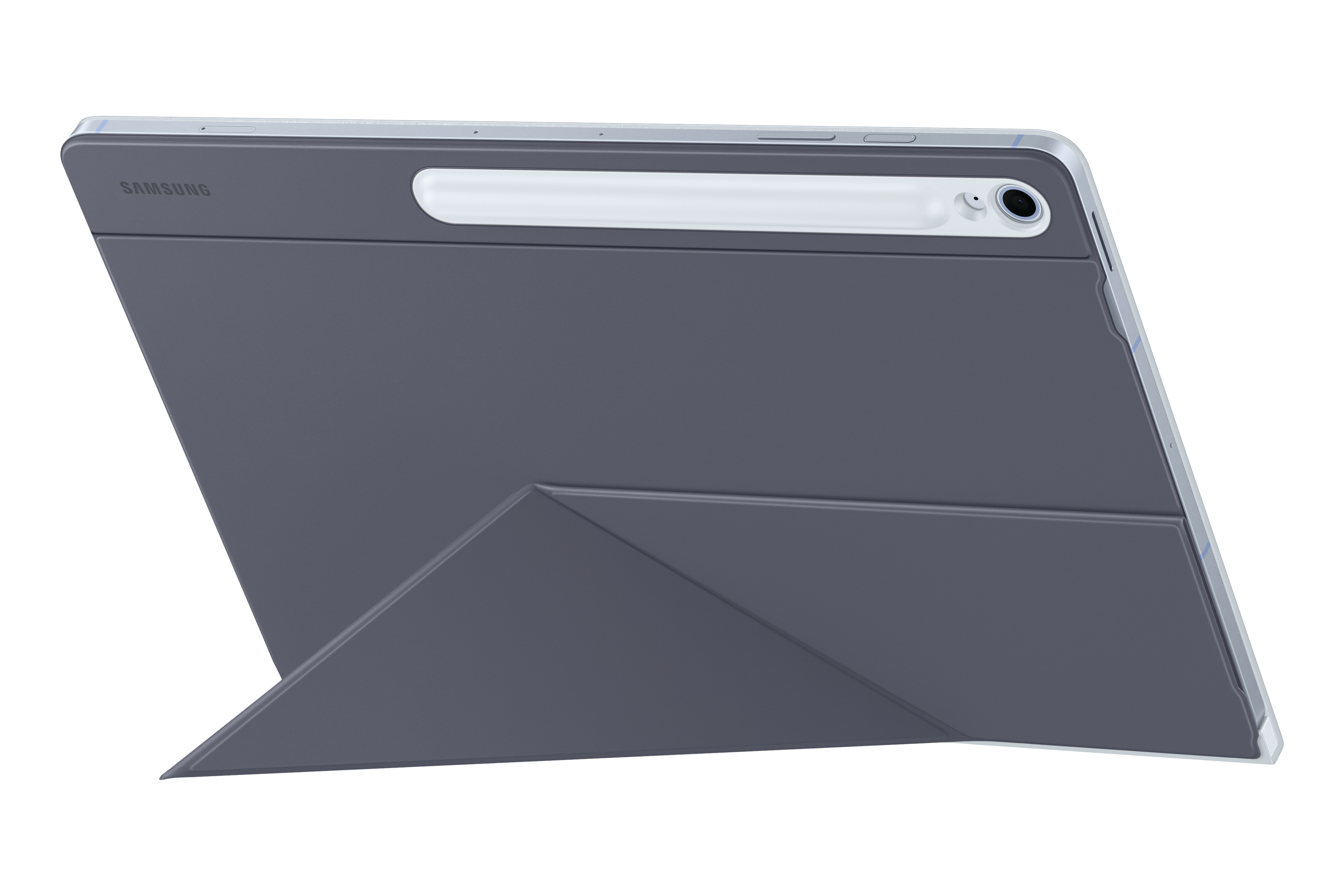Graues Tablet mit Stift. Die Hülle ist gefaltet, um das Gerät zu stützen.