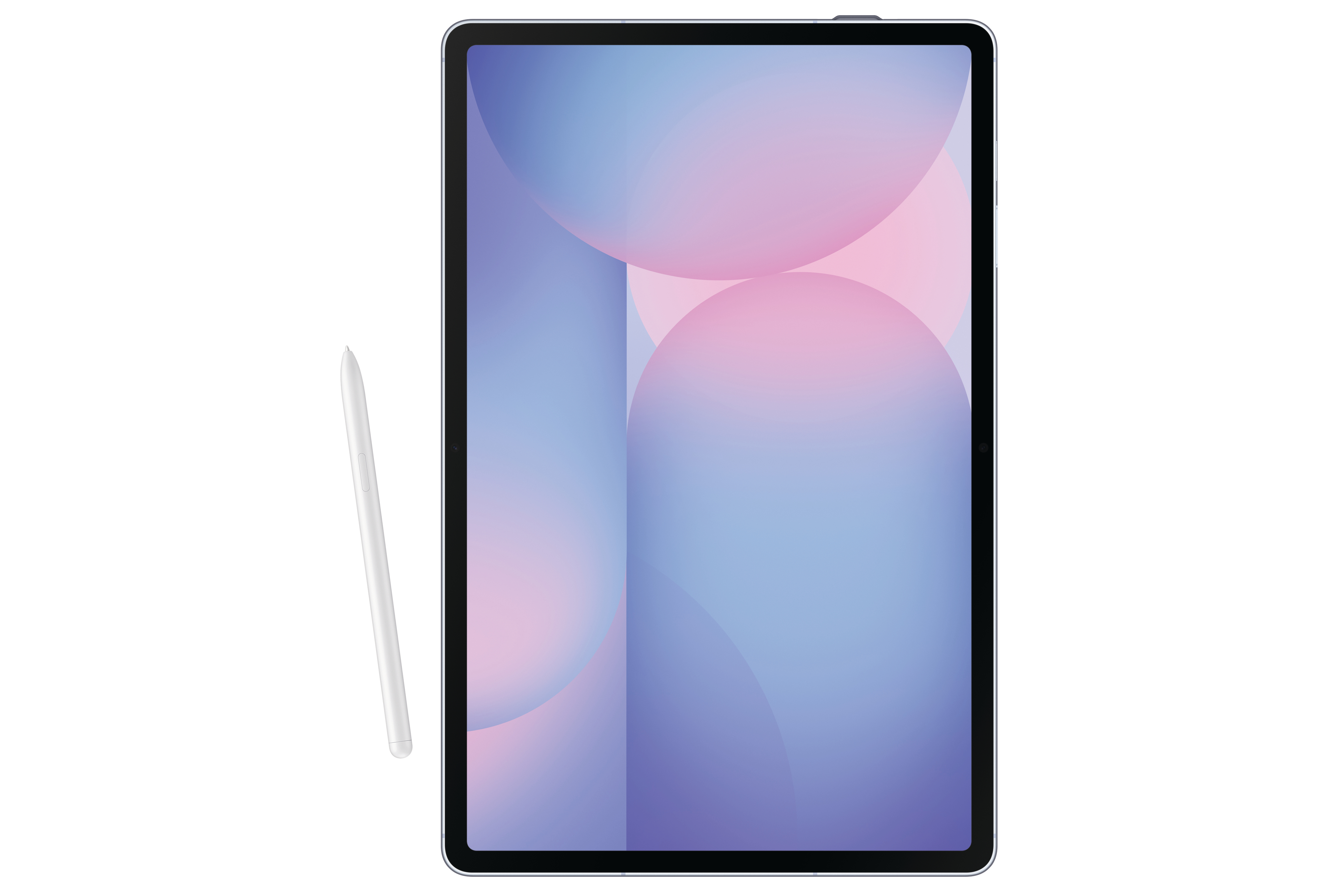 Ein Tablet mit weißem Stift. Der Bildschirm hat einen Farbverlauf aus blauen und rosa Kreisen.
