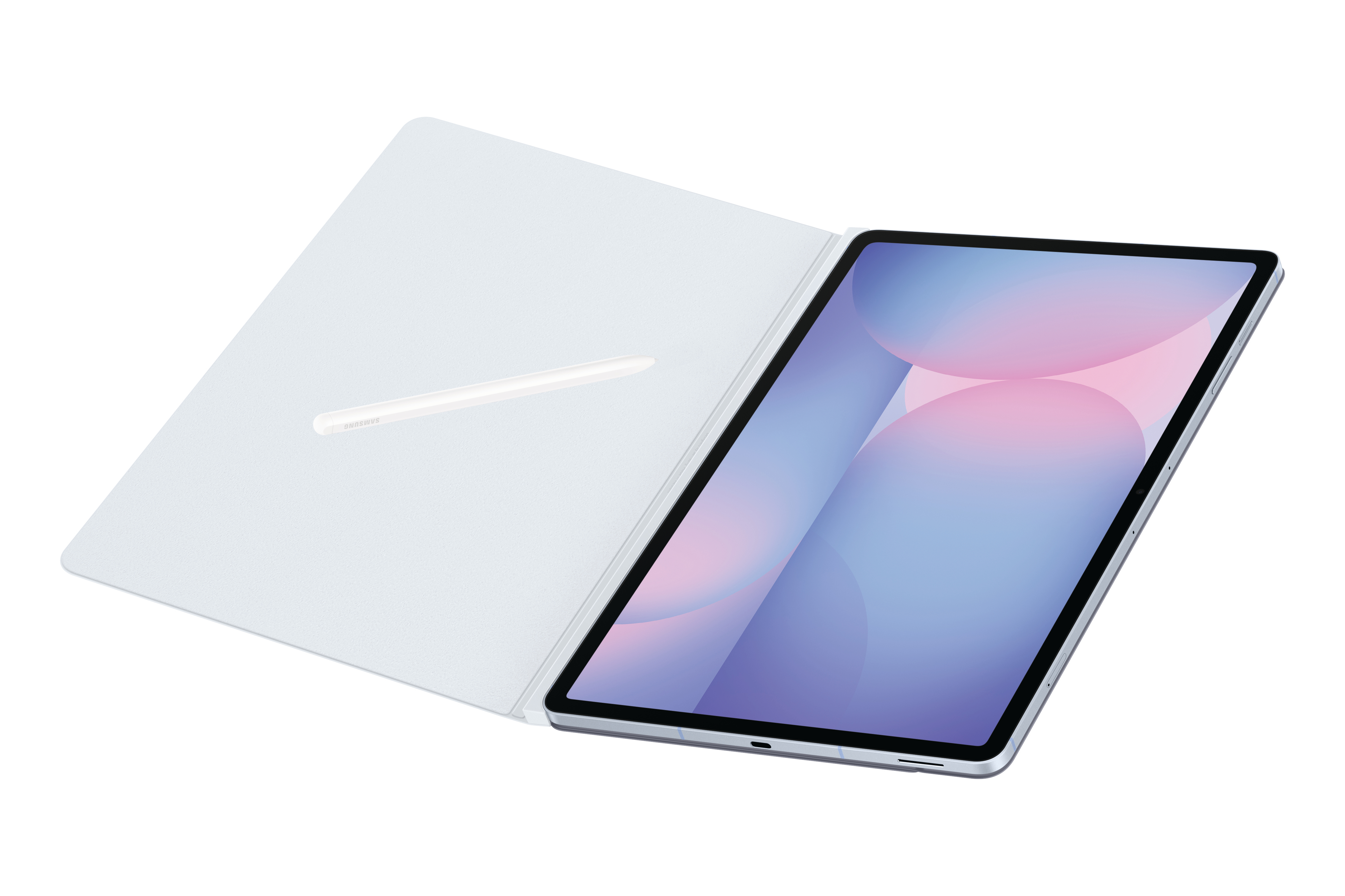 Ein Tablet ist geöffnet mit einem Stift auf dem Cover. Der Bildschirm zeigt ein blaues und rosa Design.