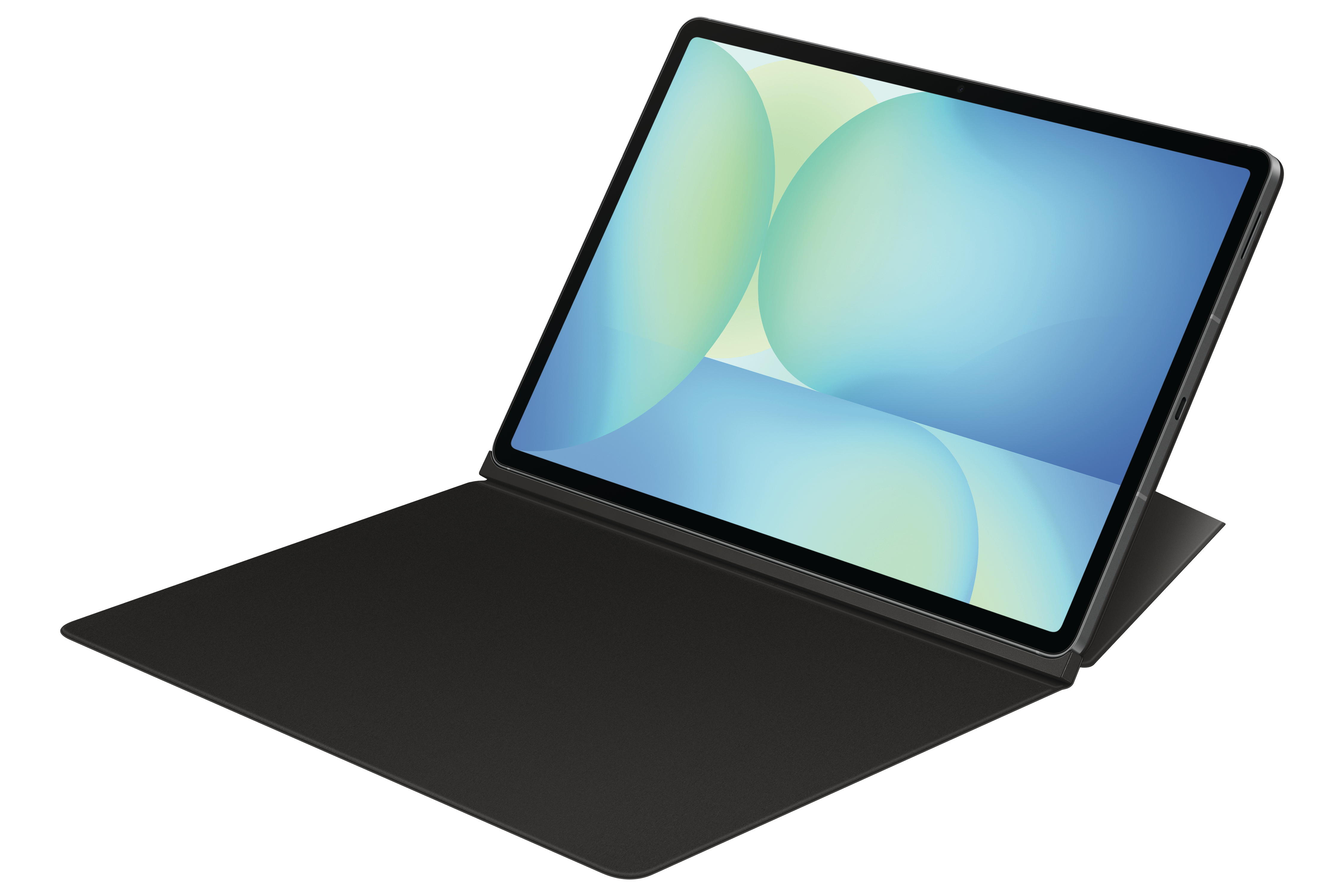 Schwarzes Tablet in einem Gehäuse, abgewinkelt, mit farbenfroher Anzeige.