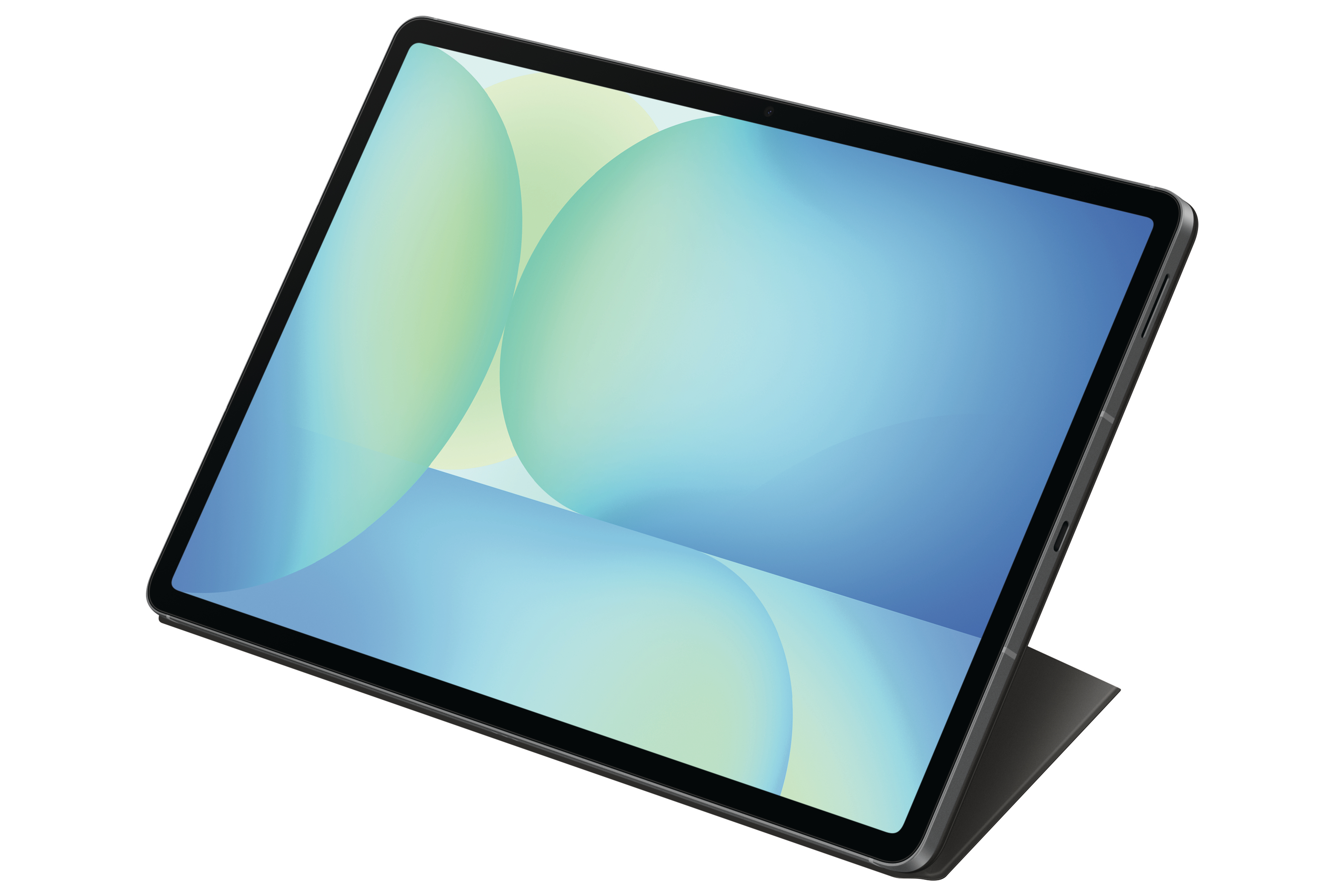 Tablet auf einem Ständer. Der Bildschirm zeigt einen blau-grünen Hintergrund mit großen, sich überlappenden Kreisen.