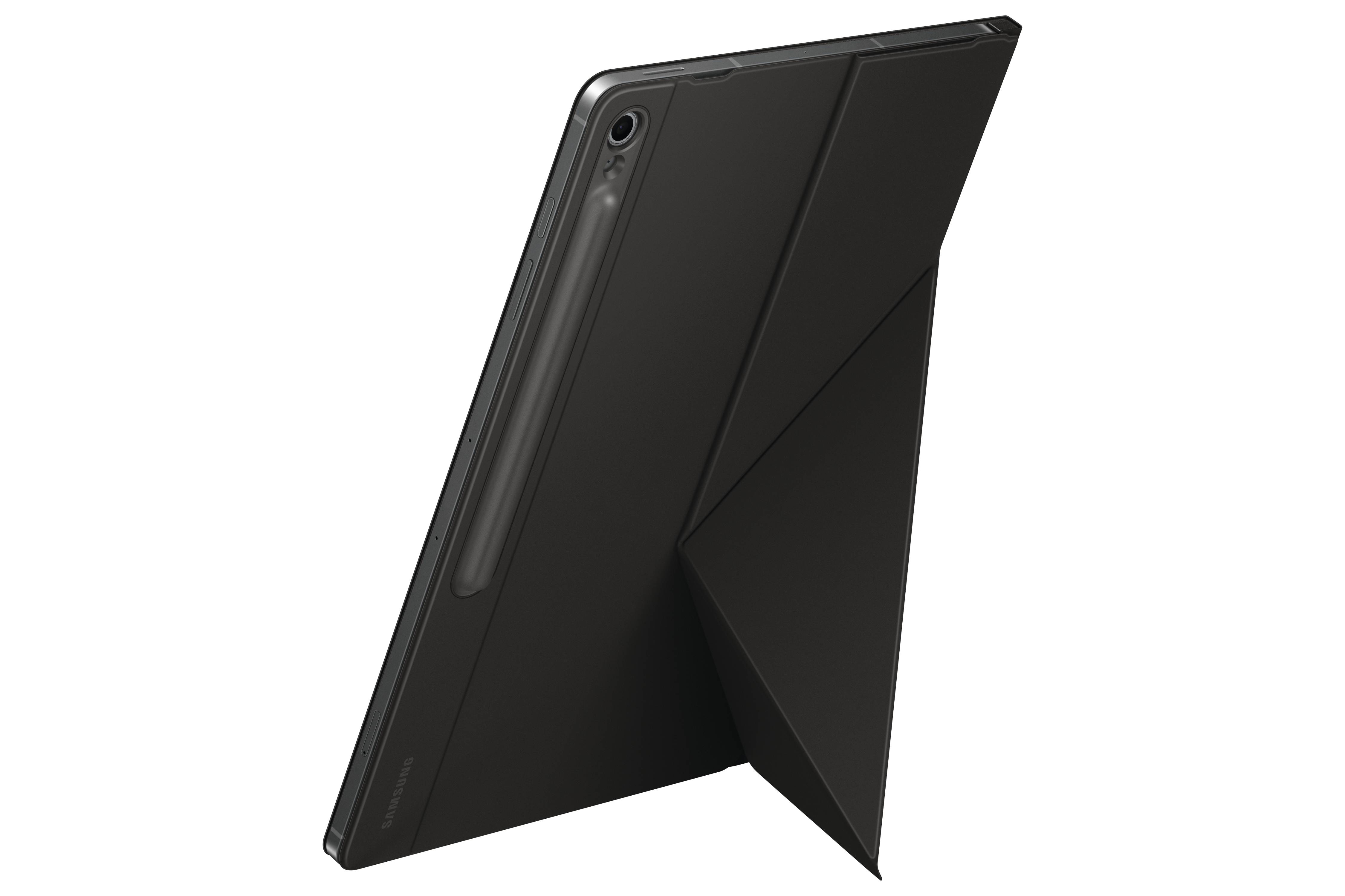 Ein schwarzes Samsung Tablet mit Stift, auf weißem Hintergrund aufgestellt.
