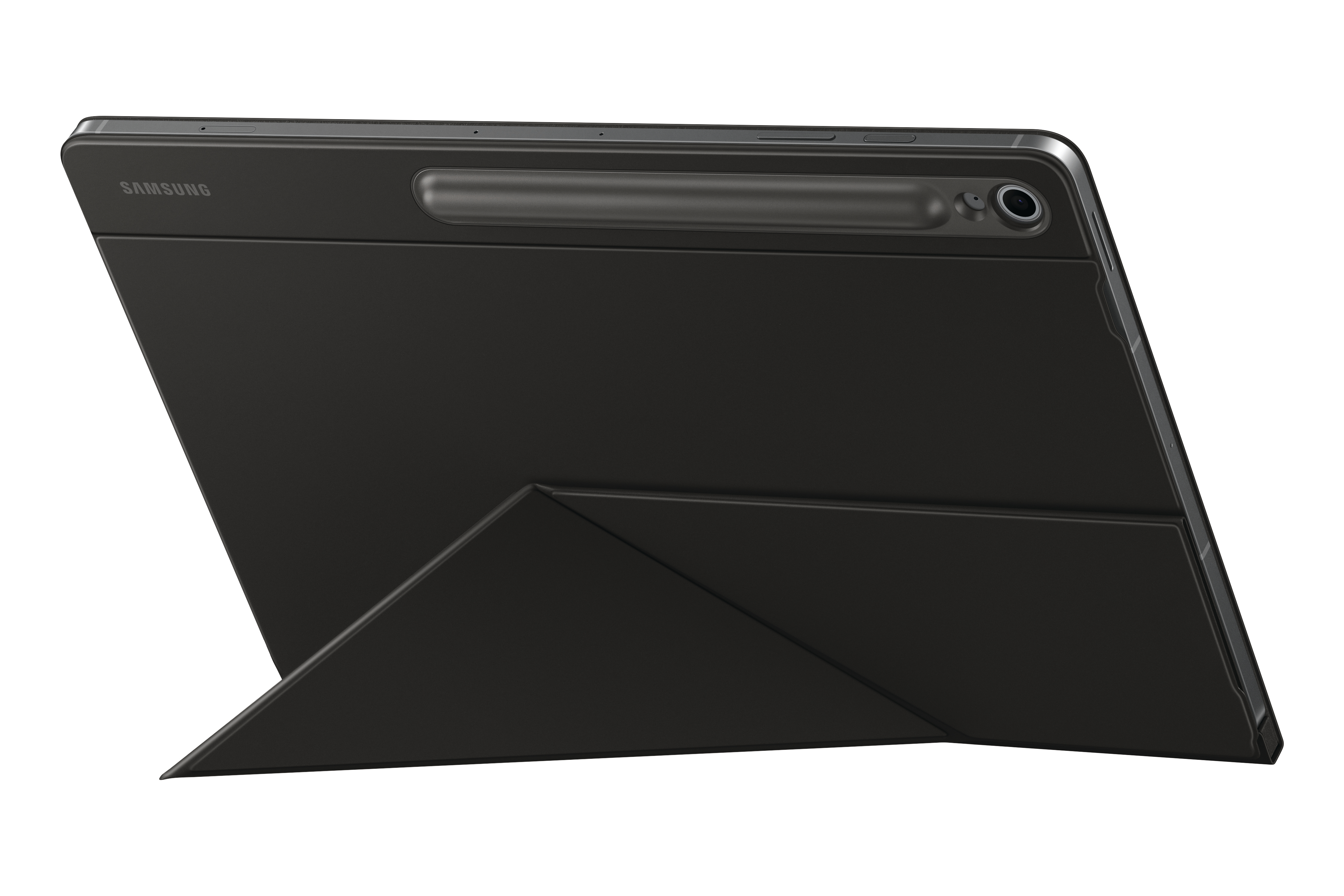 Schwarzes Tablet mit Stifthalter und angebrachter Hülle, schräge Ansicht.