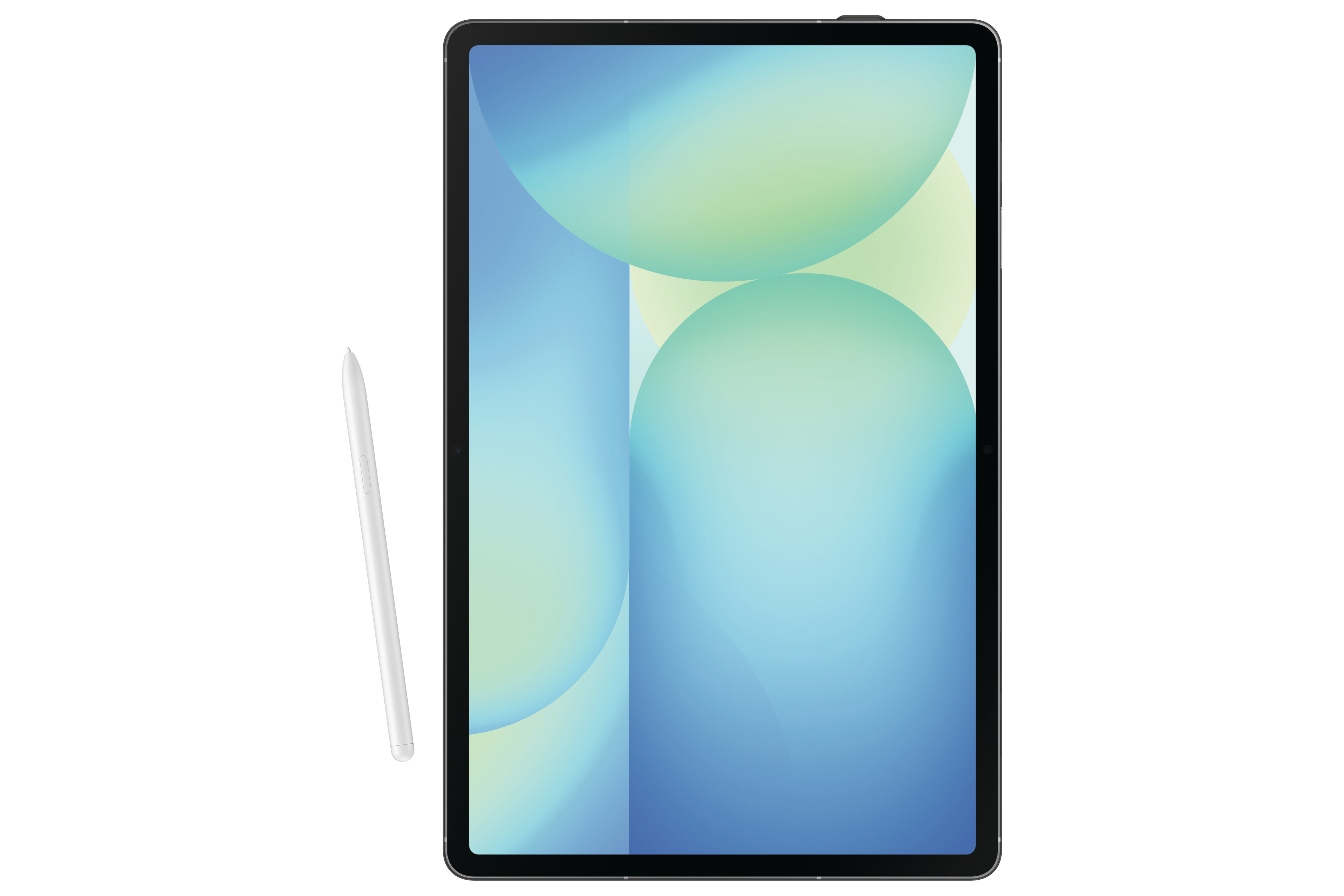 Ein Tablet mit Stift, das einen bunten abstrakten Hintergrund auf weißem Hintergrund zeigt.