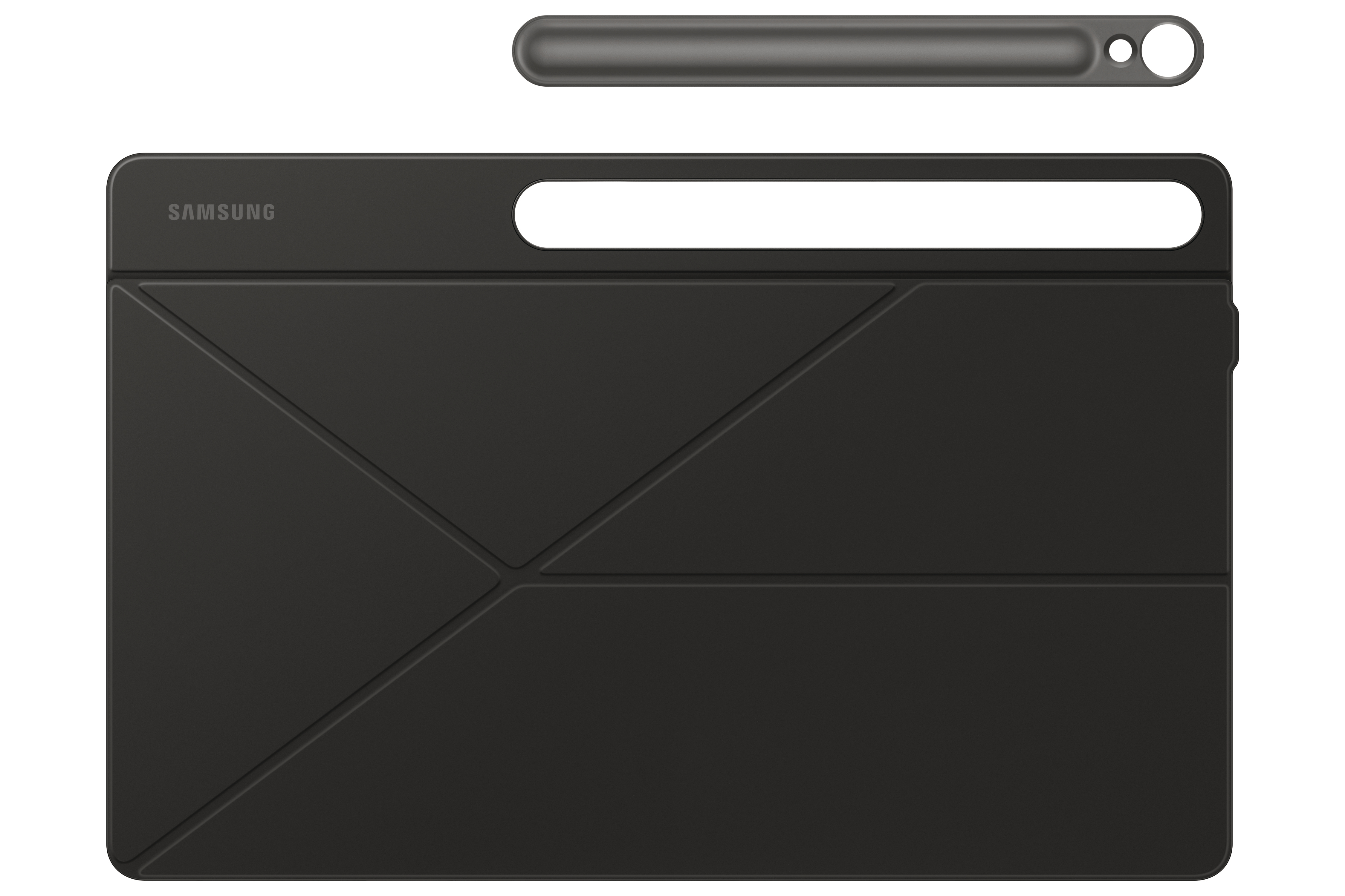 Eine schwarze Tablet-Hülle mit Stift. Die Hülle ist gefaltet und hat ein dreieckiges Design.