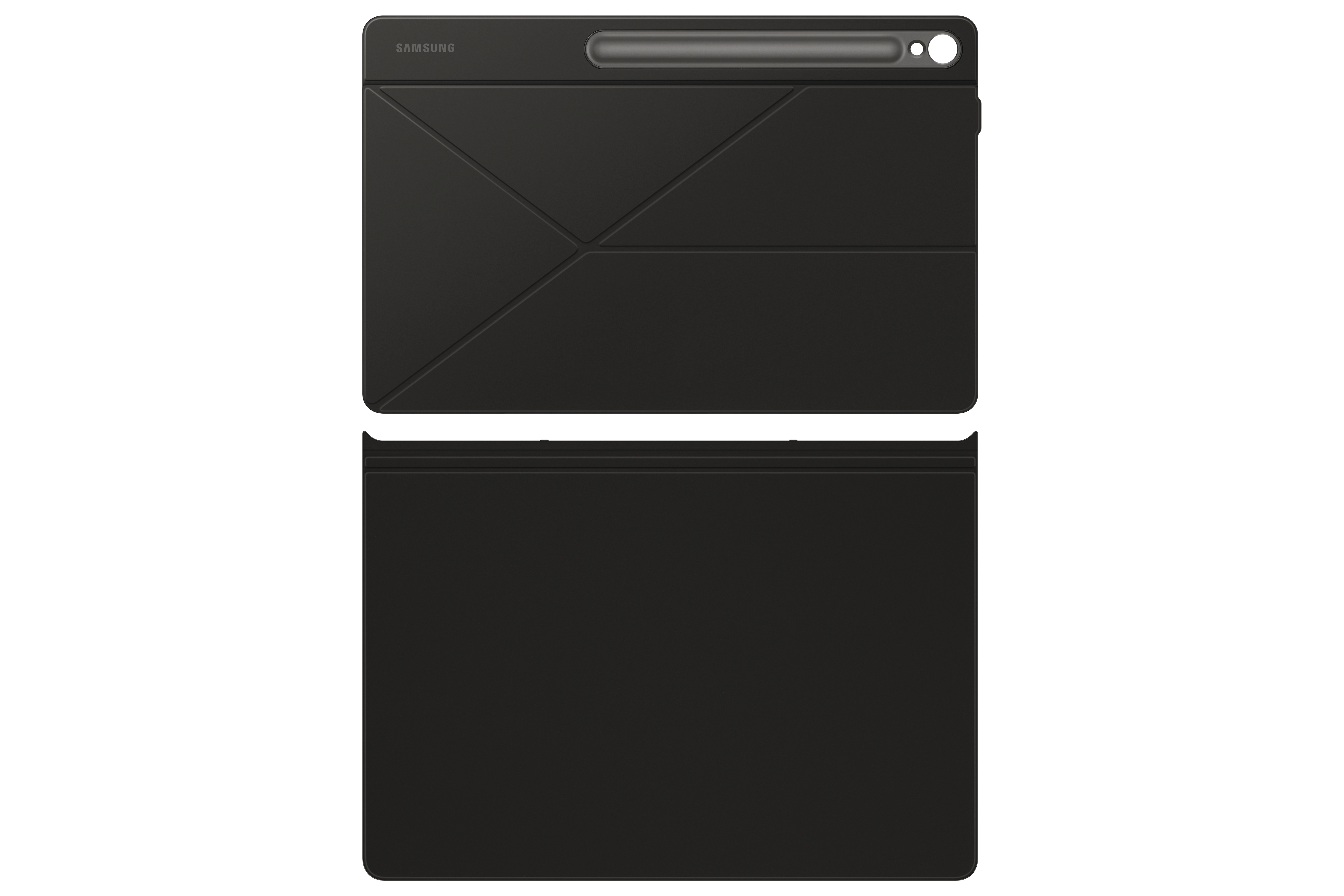 Zwei schwarze Tablet-Tastaturhüllen, eine offen und eine geschlossen, vor weißem Hintergrund.
