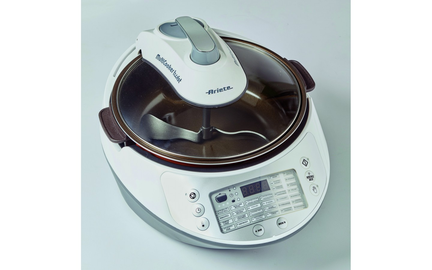 Biało-szary Ariete MultiCooker z przezroczystą pokrywą i panelem sterowania.