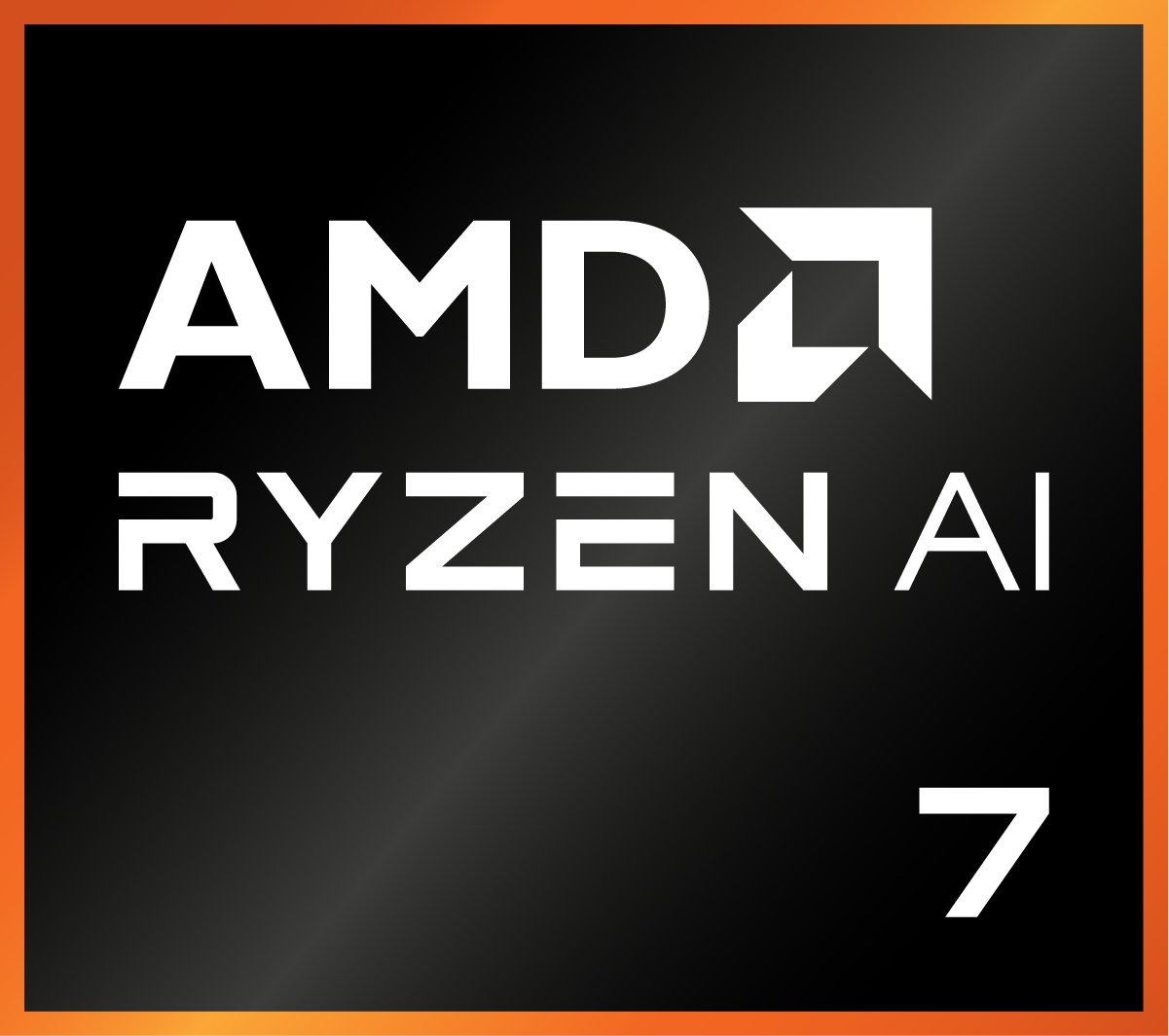 Fondo negro, texto blanco 'AMD RYZEN AI 7'. Borde naranja.