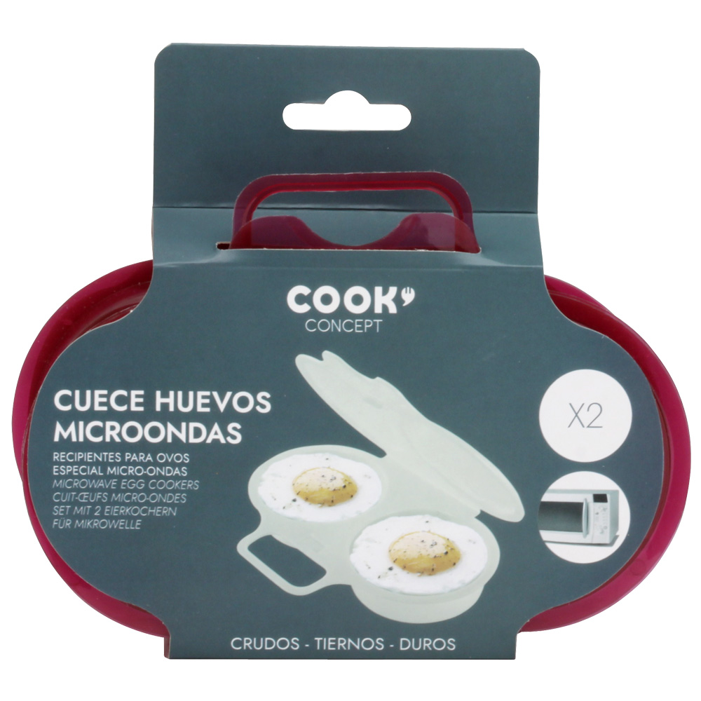 Un paquete rojo y blanco de cocedor de huevos para microondas con asa.