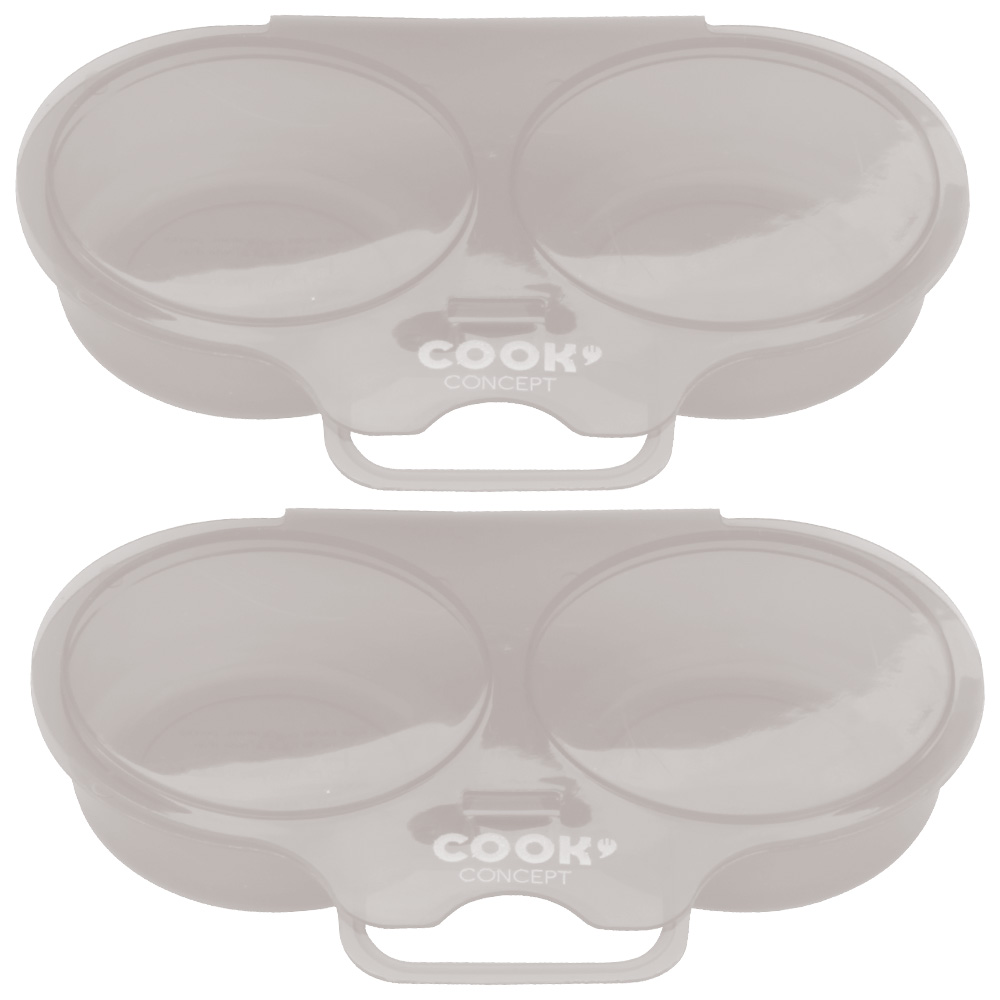 Dos hueveras. Plástico gris con el logo Cook Concept. Fondo blanco, vista superior.