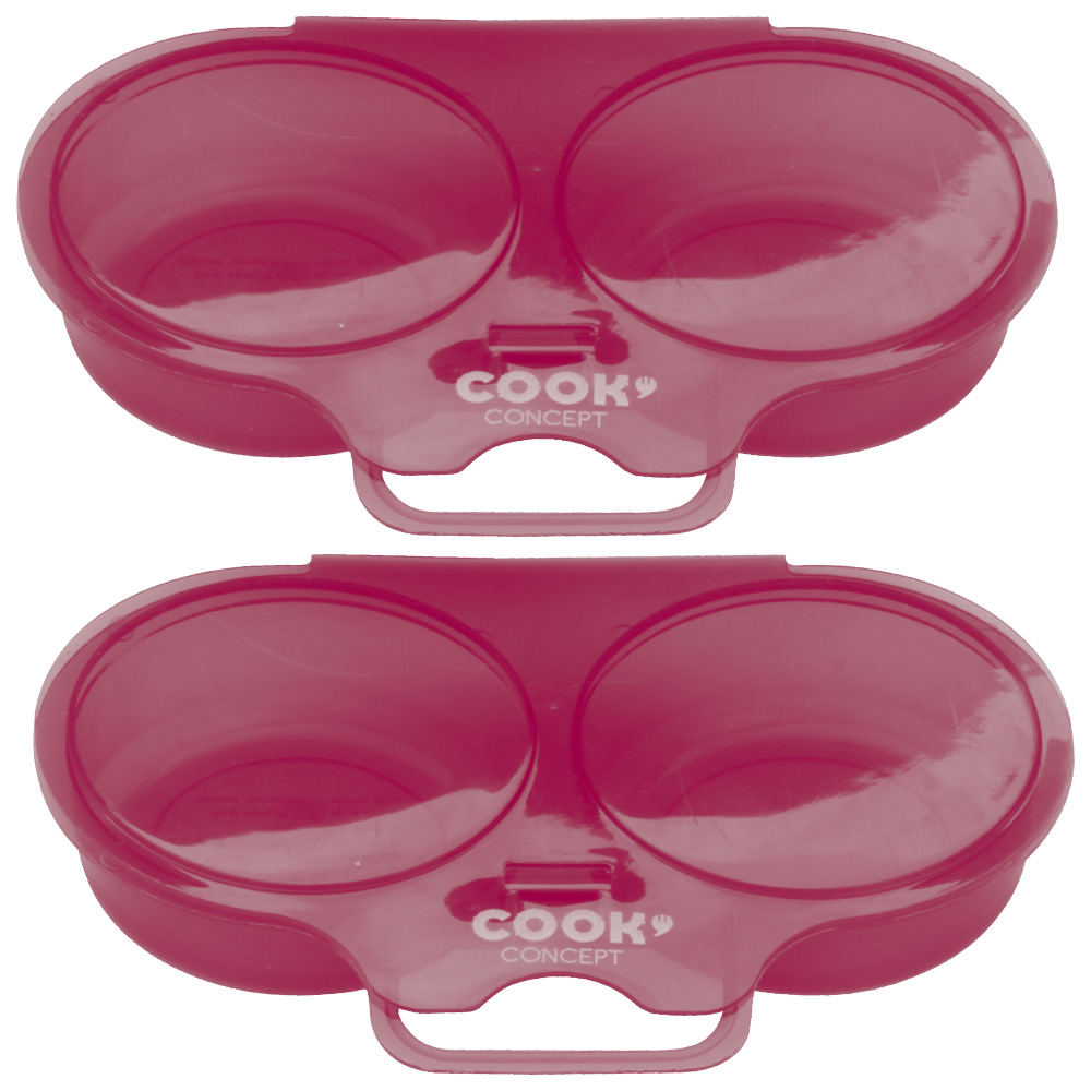 Dos portahuevos rojos con el logo Cook Concept. Los soportes tienen forma ovalada con dos agujeros.