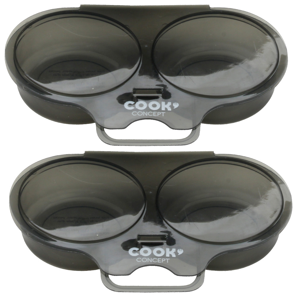Dos hueveras negras con el logo Cook Concept. Cada una tiene capacidad para dos huevos.