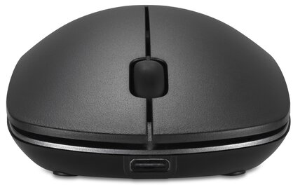 Fekete vezeték nélküli egér USB-C porttal elöl, fehér háttérrel.