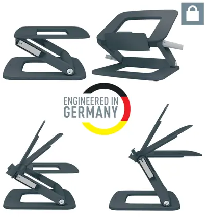 Négy laptopállvány különböző pozícióban. Egy logó, mely azt írja: Engineered in Germany.