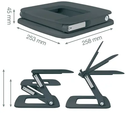 Sötétszürke összecsukható laptop állvány méretekkel és különböző konfigurációkkal.
