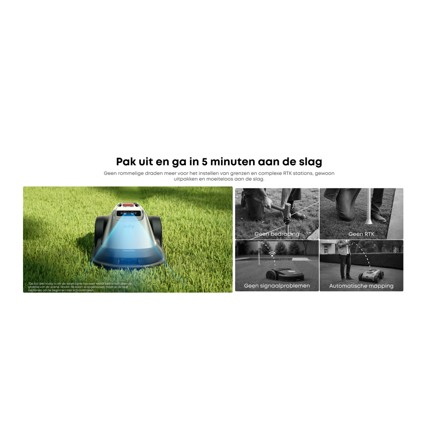 Een robotmaaier op een gazon met tekst over de kenmerken en voordelen.