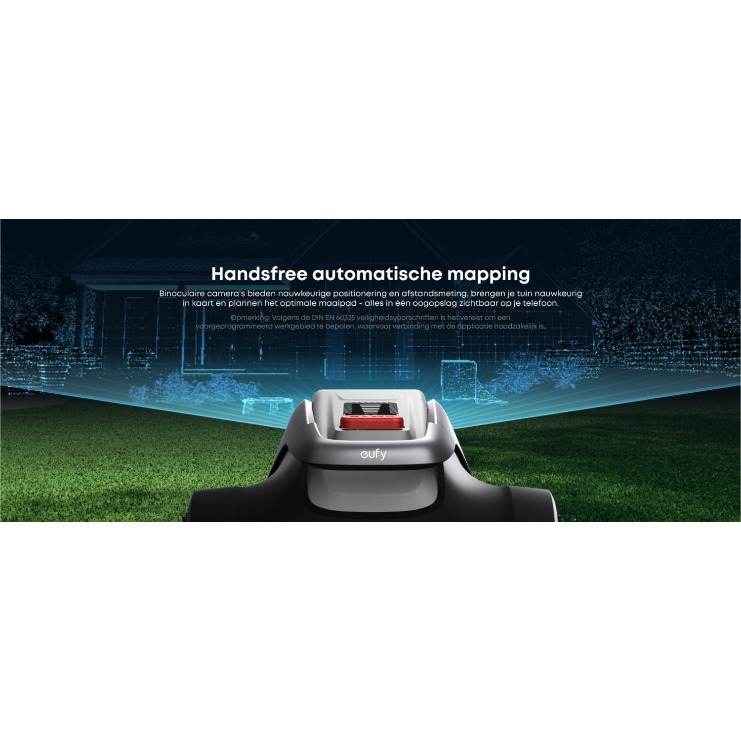 Robotmaaier op gras, met een virtuele kaart op het scherm.