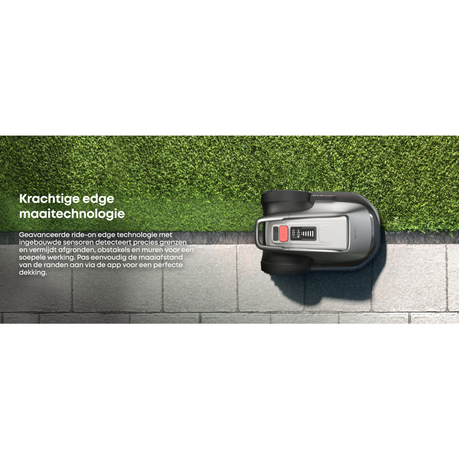 Robotmaaier op bestrating, gras maaiend. Tekst beschrijft de technologie.