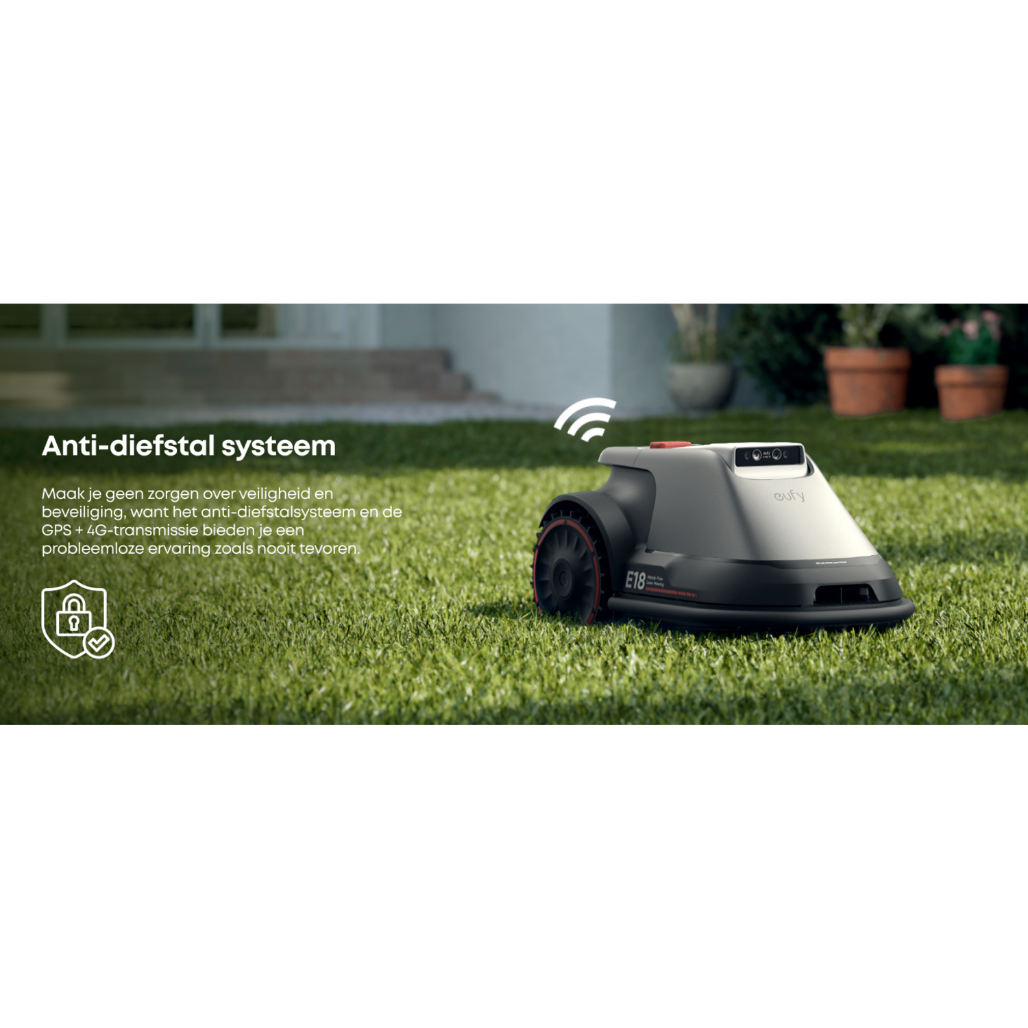 Een robotmaaier op gras met tekst die het antidiefstalsysteem en 4G-transmissie beschrijft.
