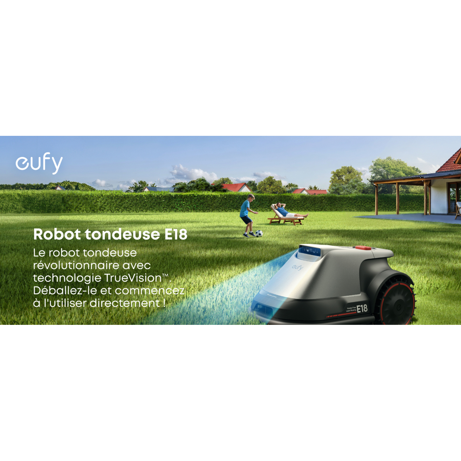 Une tondeuse robot sur l'herbe, et une illustration montre la tondeuse et une maison avec des personnes.