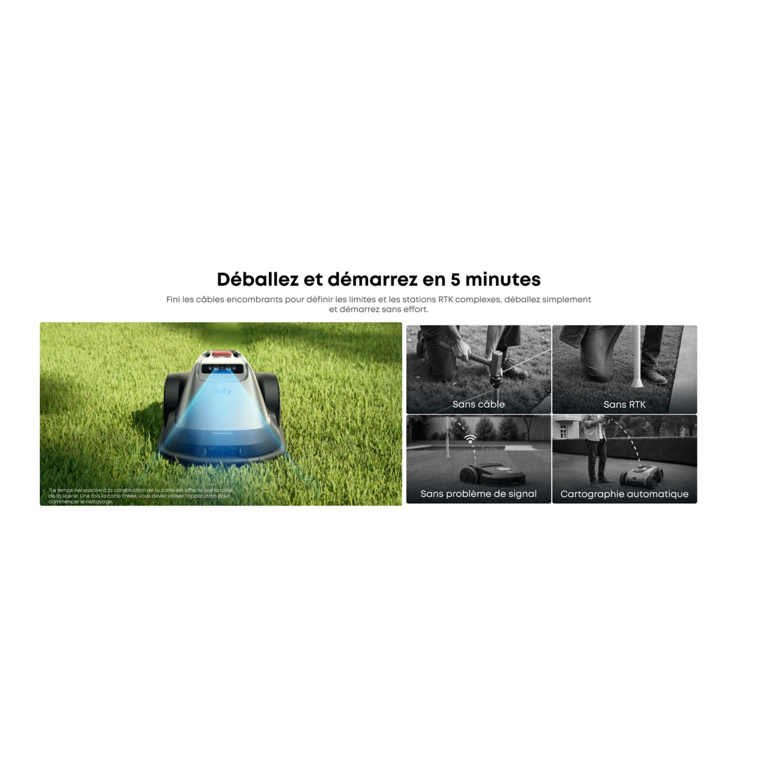 Une tondeuse robot sur de l'herbe, avec du texte sur la configuration facile.