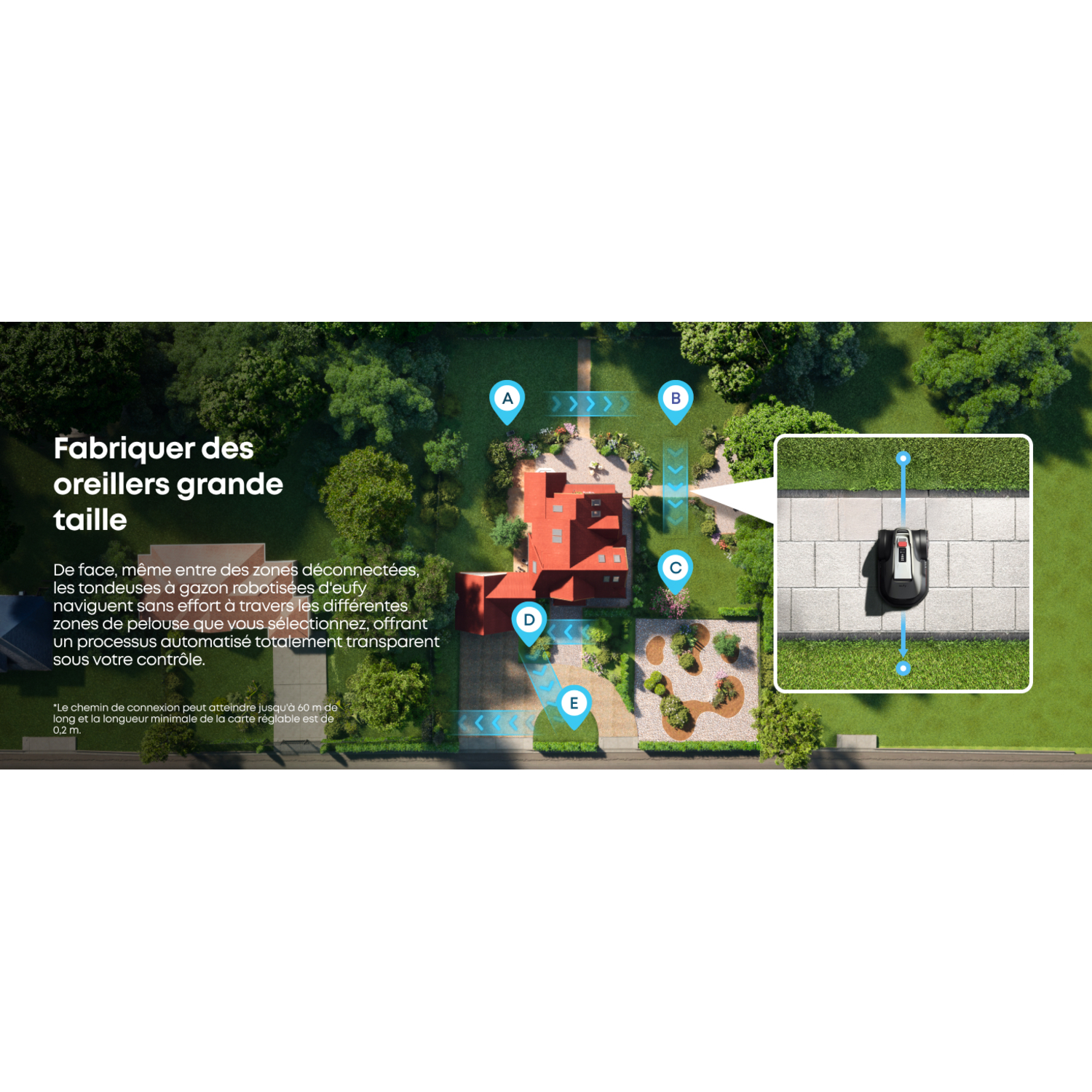 Une tondeuse robot tond une pelouse. L'image montre un schéma détaillé de la pelouse avec des zones.