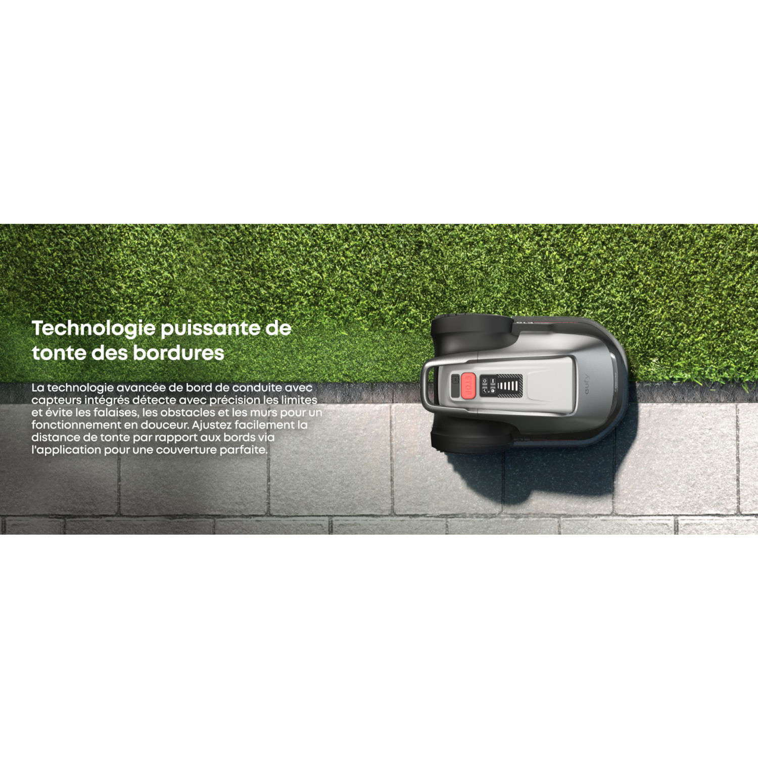 Une tondeuse robotique sur une pelouse, avec du texte sur ses fonctionnalités avancées.