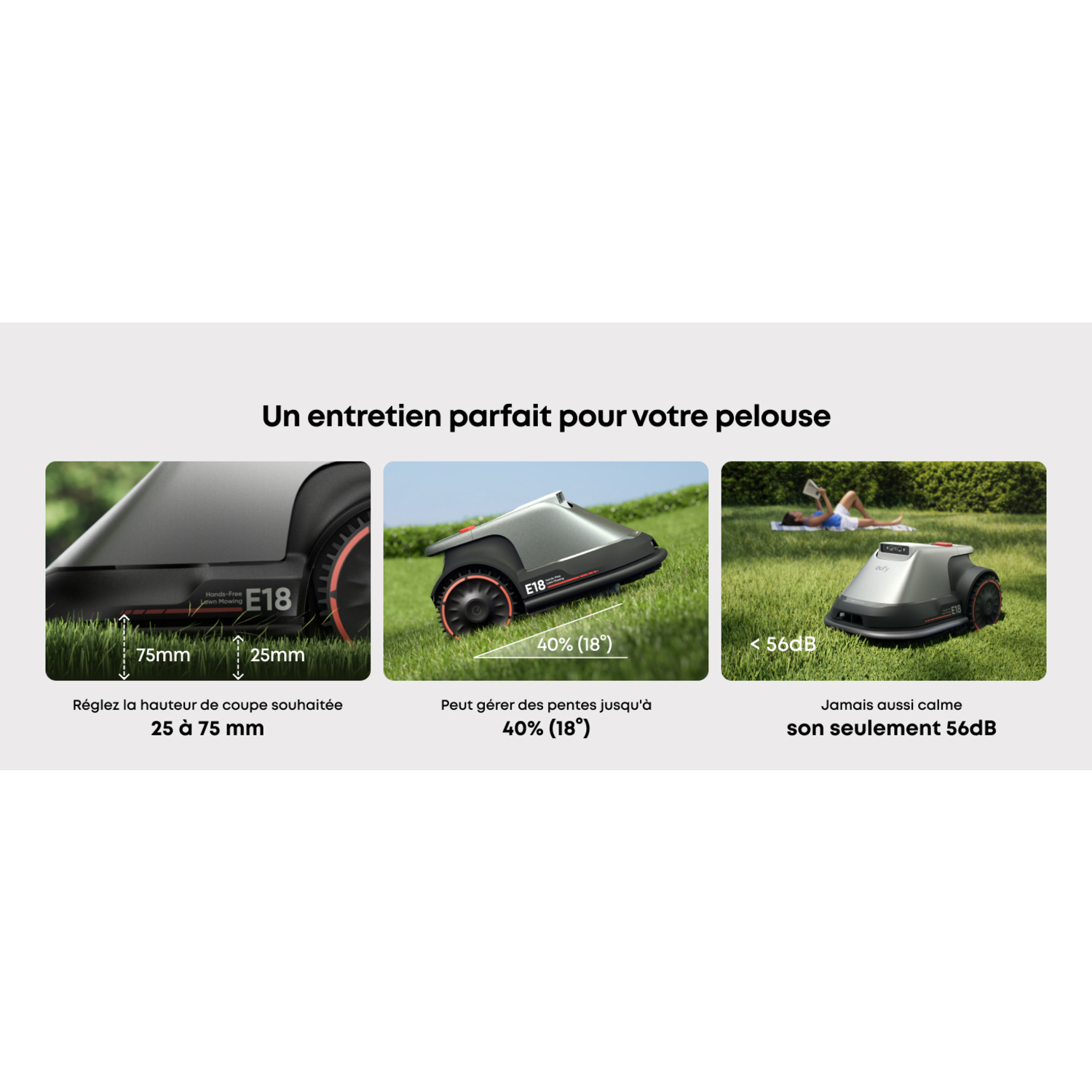 Trois images montrant une tondeuse à gazon. Les dimensions et les détails de l'inclinaison sont affichés avec une superposition de texte.