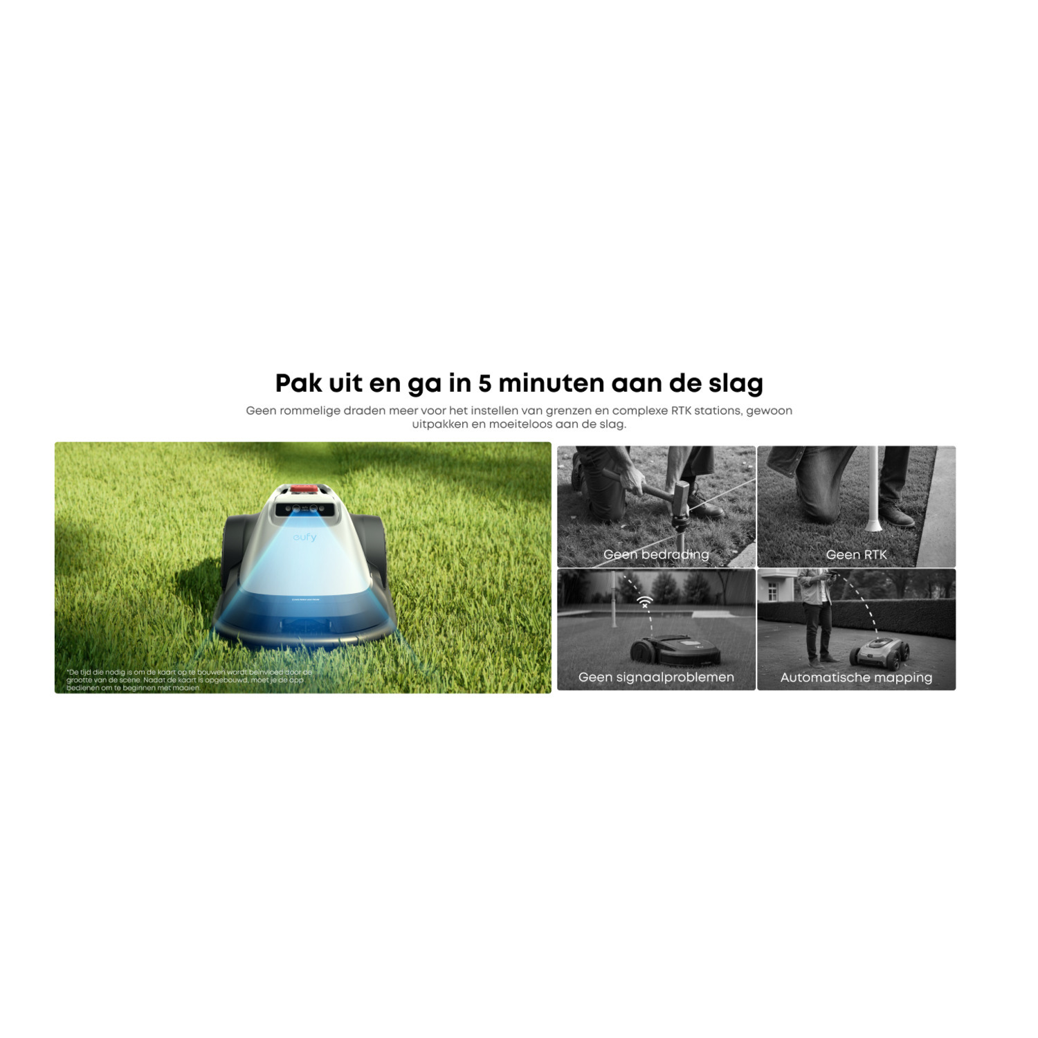 Een robotmaaier op gras met afbeeldingen die de functies laten zien, waaronder RTK en geen bedrading.