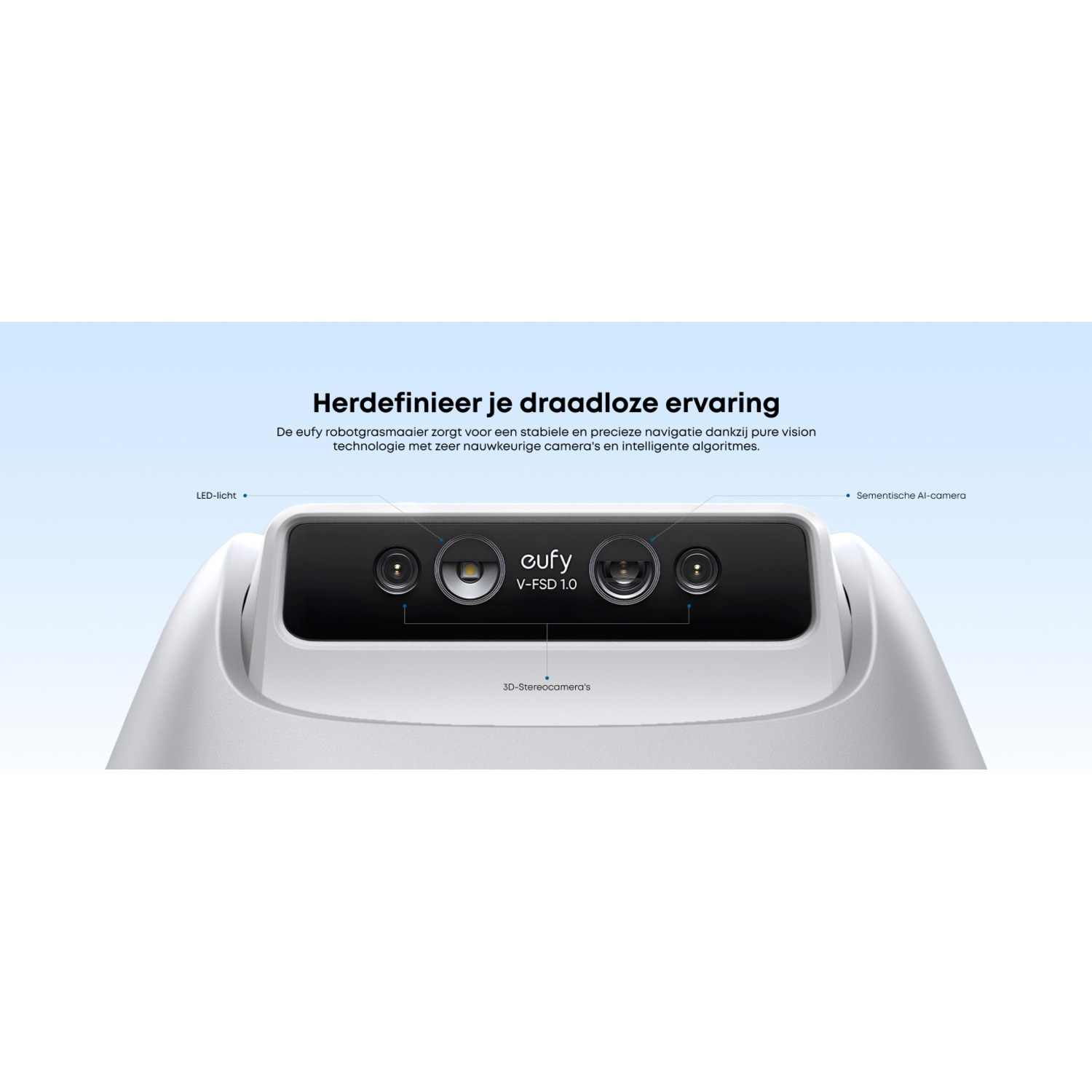 Close-up van een witte robotstofzuiger. Het toont de voorkant met camera's en tekstlabels.
