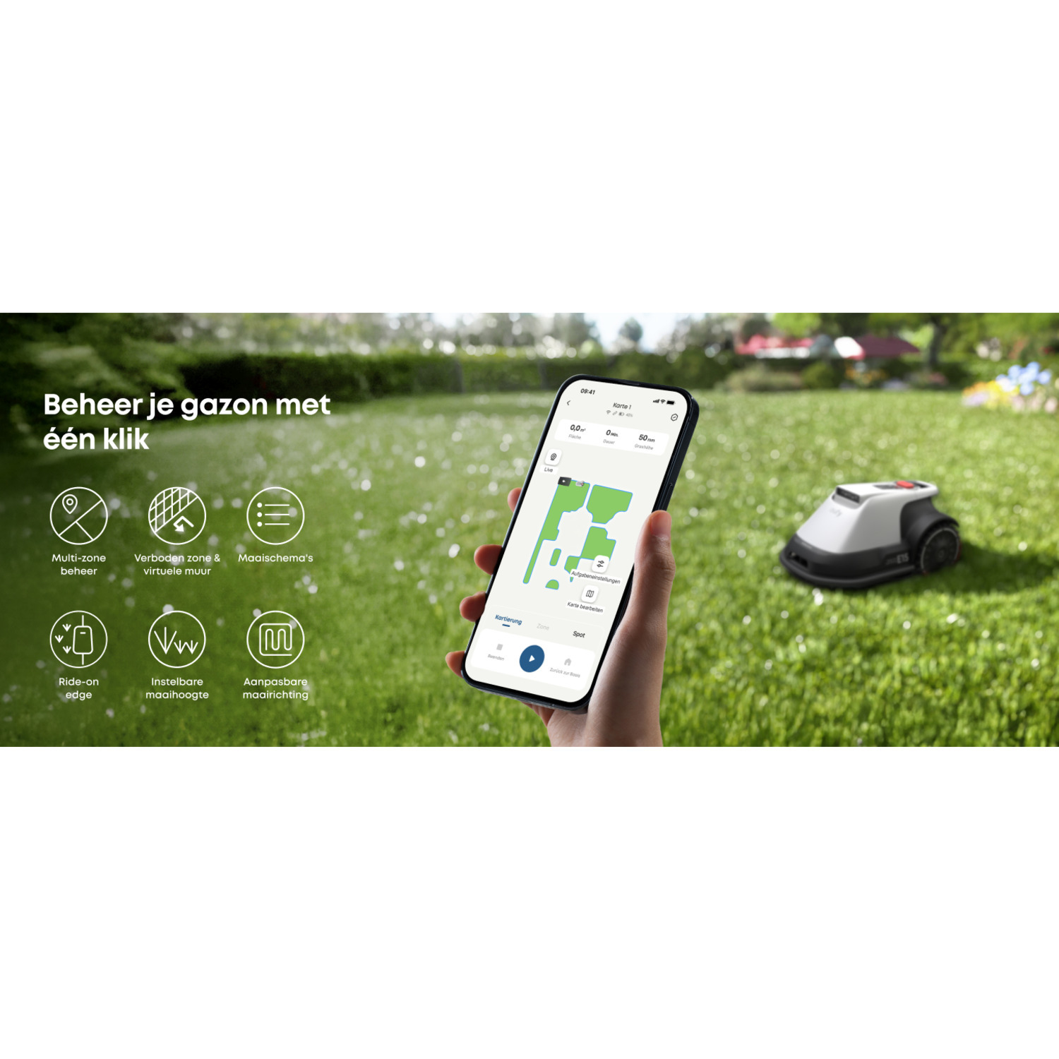 Een persoon bestuurt een grasmaaier op een groen gazon met een smartphone. Witte achtergrond.