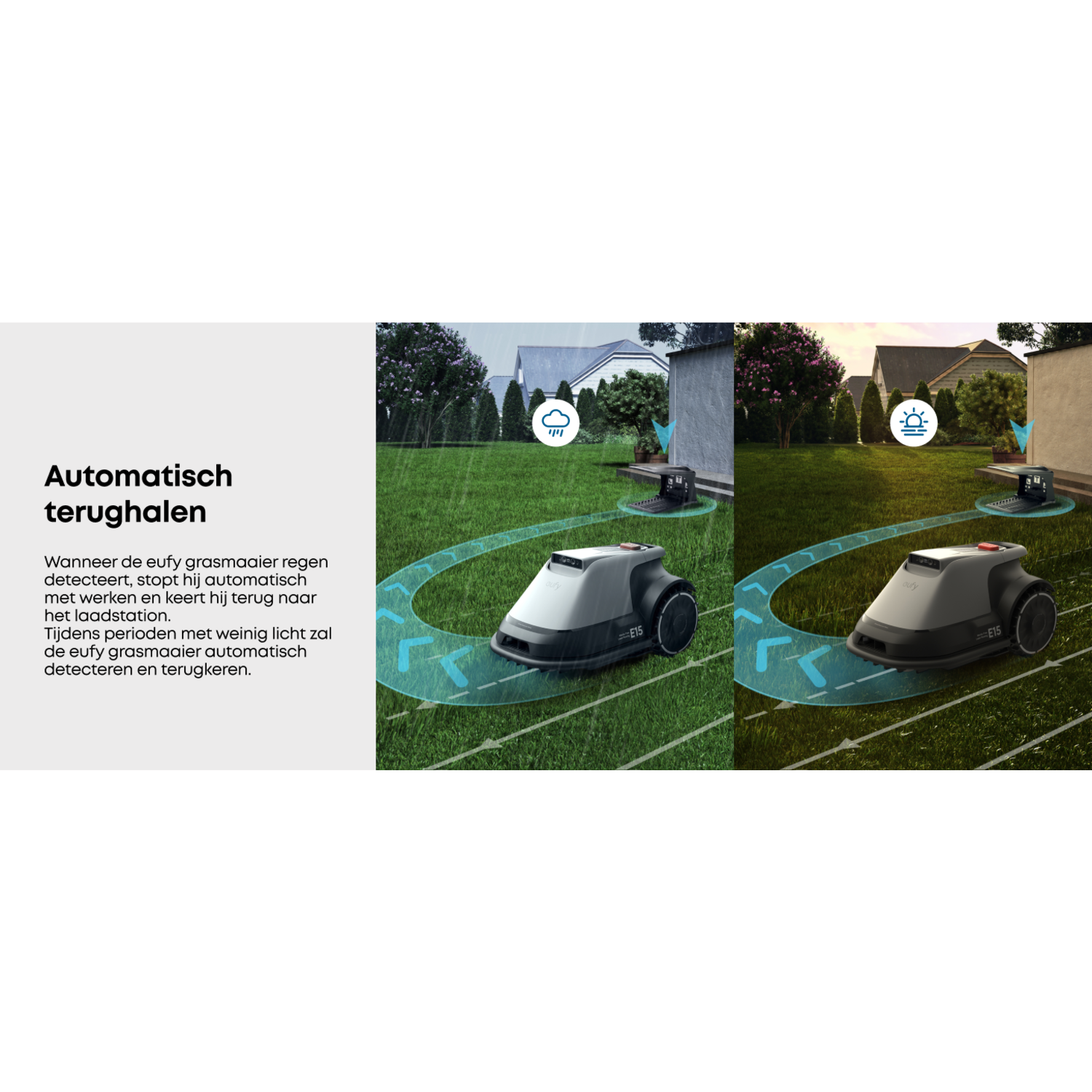 Een robotmaaier op gras die het gazon maait, met het oplaadstation op de achtergrond.
