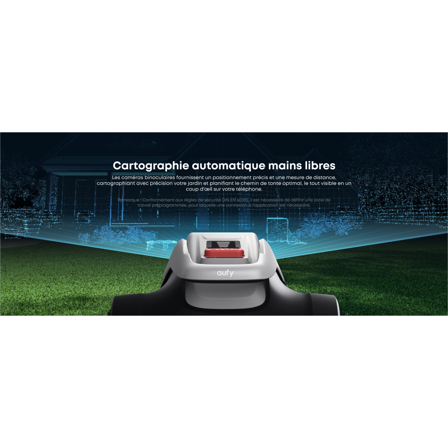 Tondeuse robot sur l'herbe avec un affichage lumineux bleu. Texte en français : 'Cartographie automatique mains libres'.