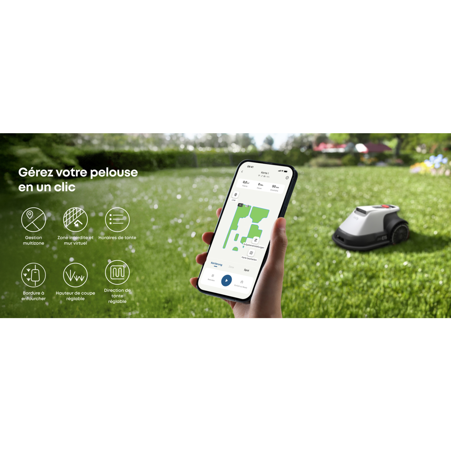 Personne tenant un smartphone avec application de tonte. Robot tondeuse en arrière-plan.