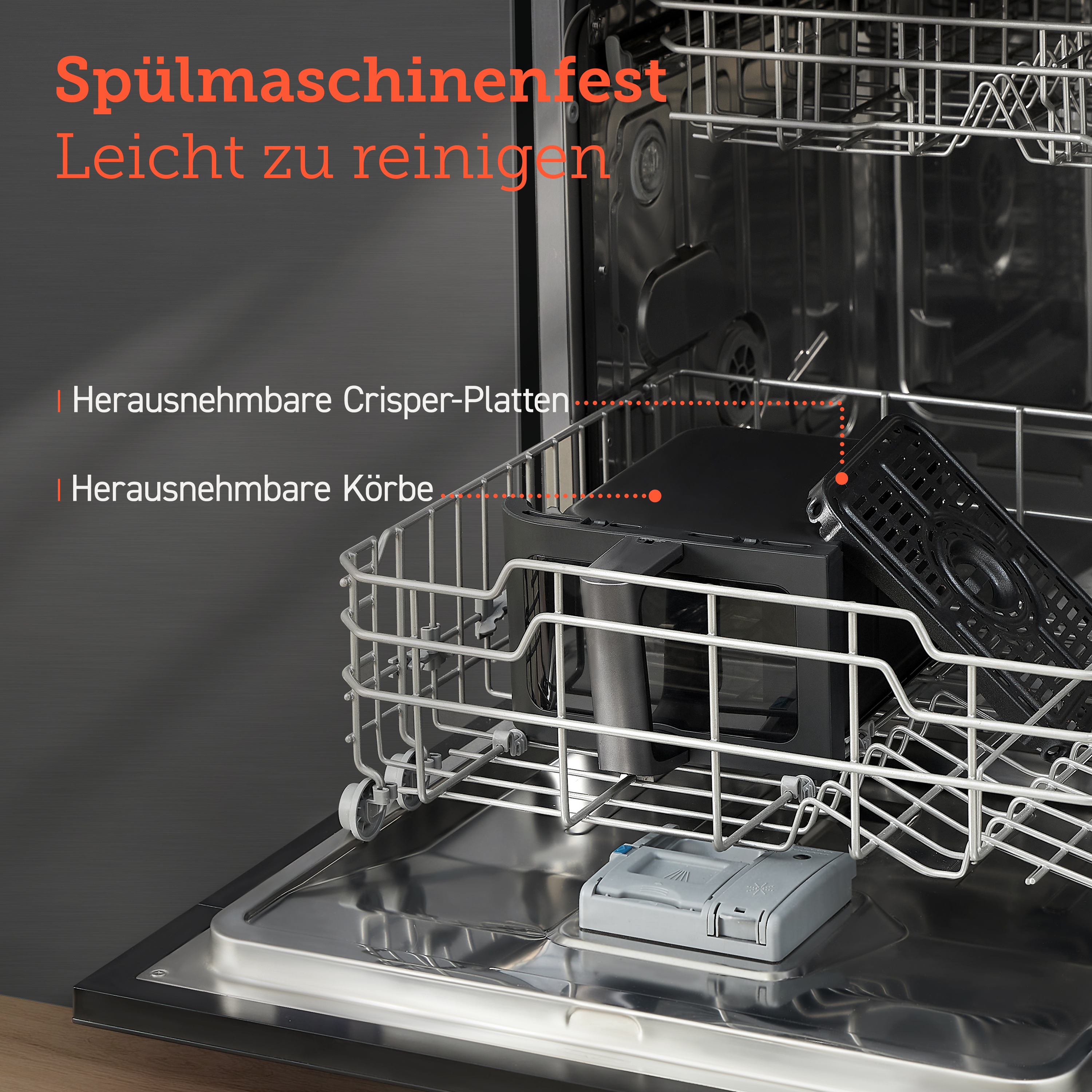 Geschirrspüler-Innenraum mit Körben und herausnehmbaren Teilen. Text hebt die Merkmale hervor.