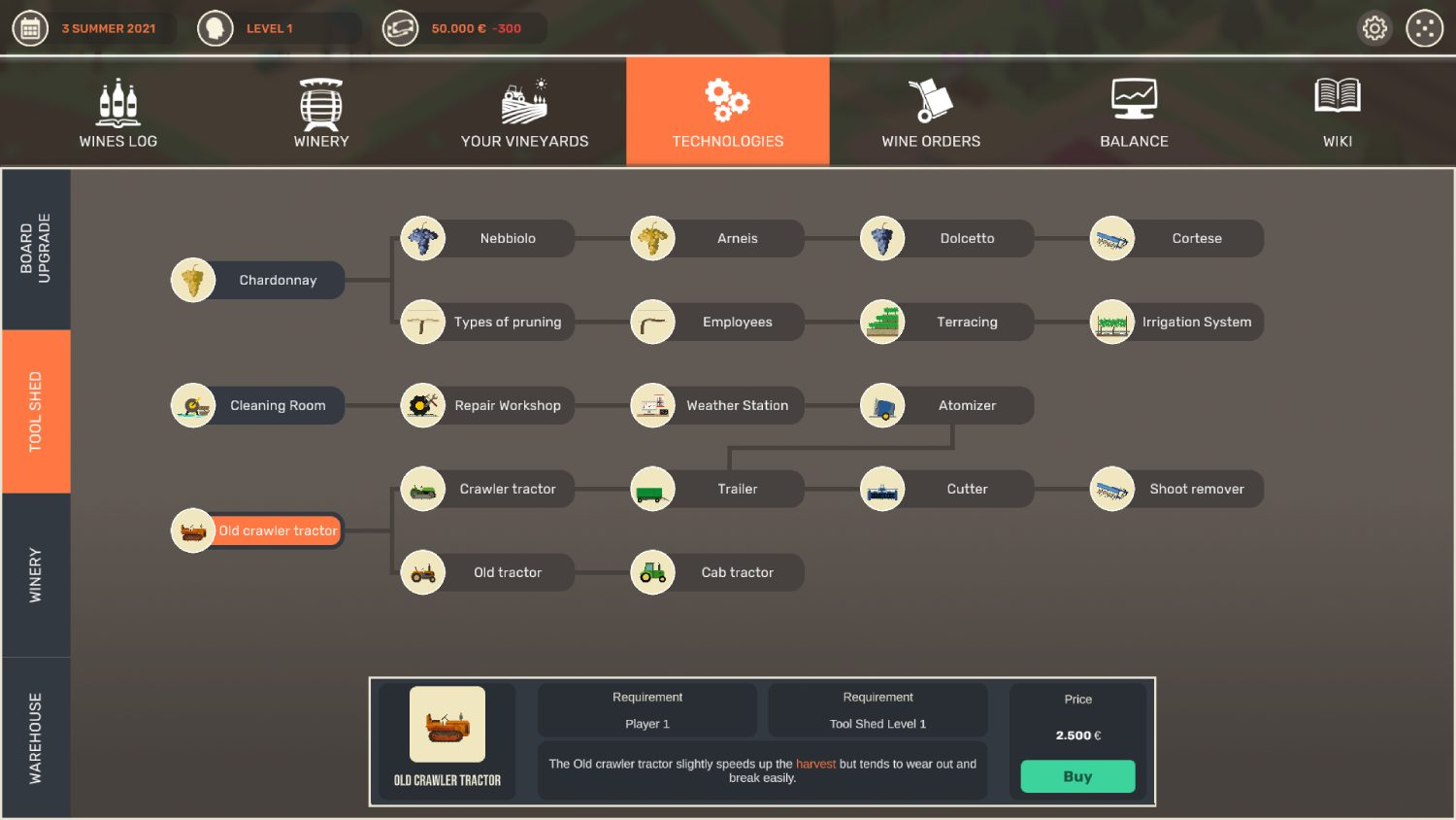 Interfaz de juego con opciones de elaboración de vino. El fondo tiene un esquema de color verde y marrón.