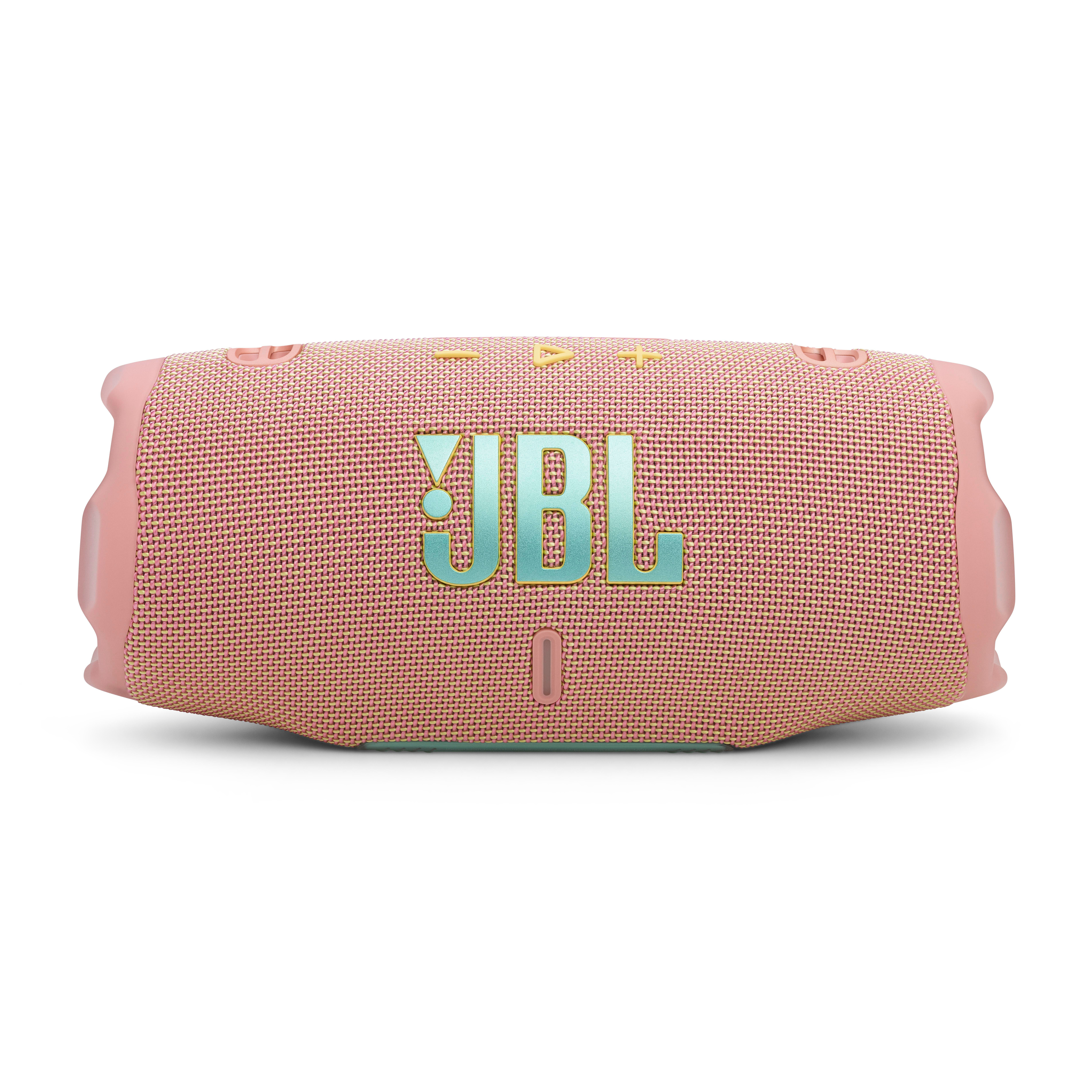 Rosa JBL-Lautsprecher, Draufsicht. Das JBL-Logo ist mittig zentriert.
