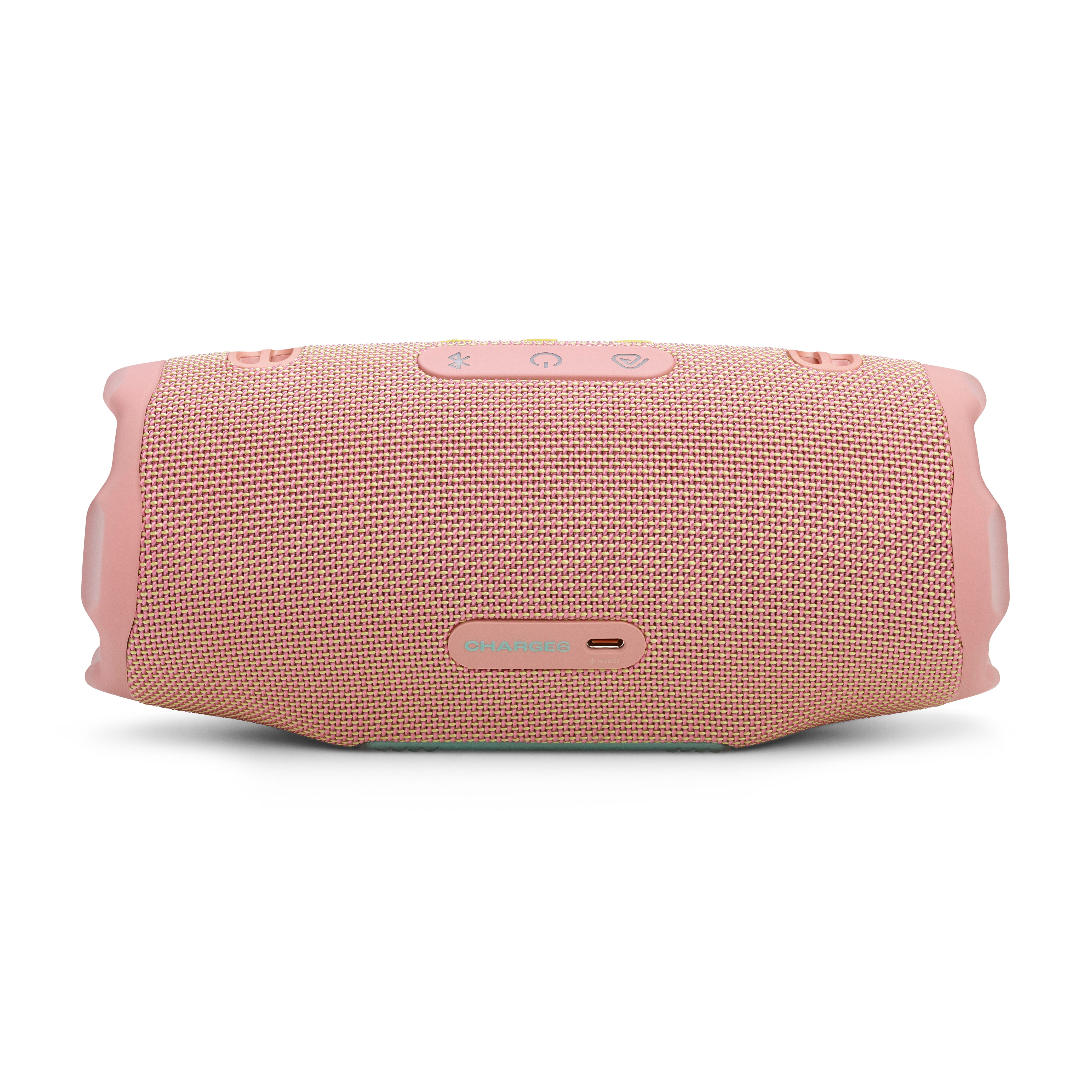 Ein pinkfarbener und schwarzer JBL Charge-Lautsprecher, von oben gesehen.