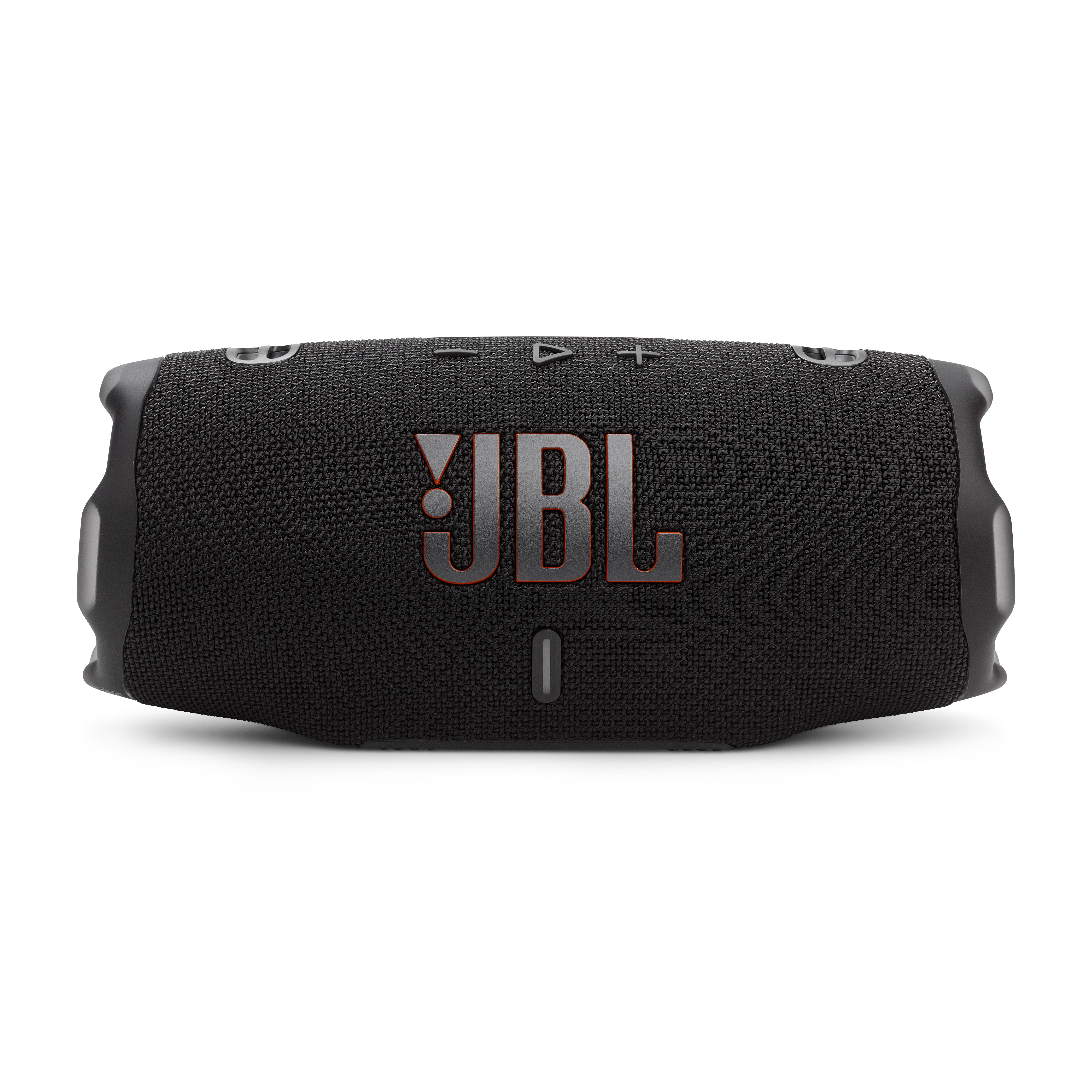 Ein schwarzer JBL-Lautsprecher mit dem JBL-Logo in Rot und Akzenten in Schwarz.